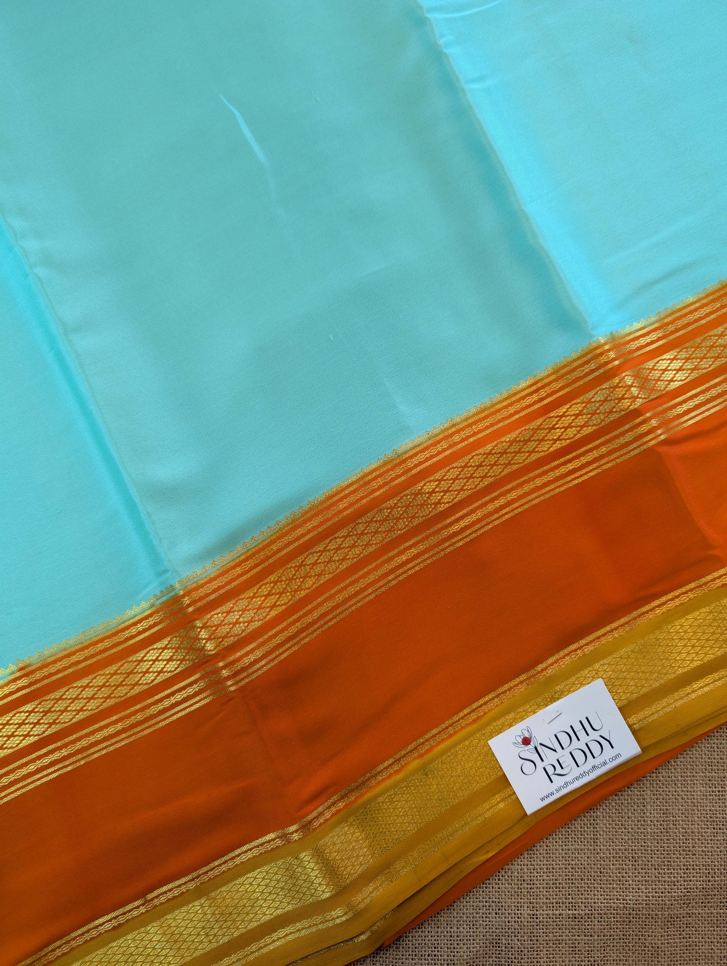 Pure Mysore Silk Crepe - Sea Blue with Orange