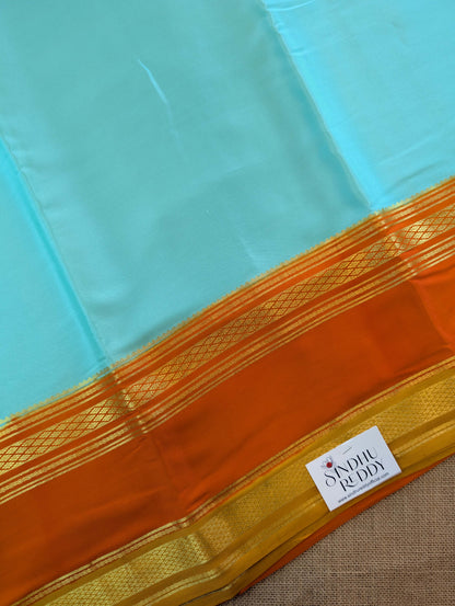 Pure Mysore Silk Crepe - Sea Blue with Orange