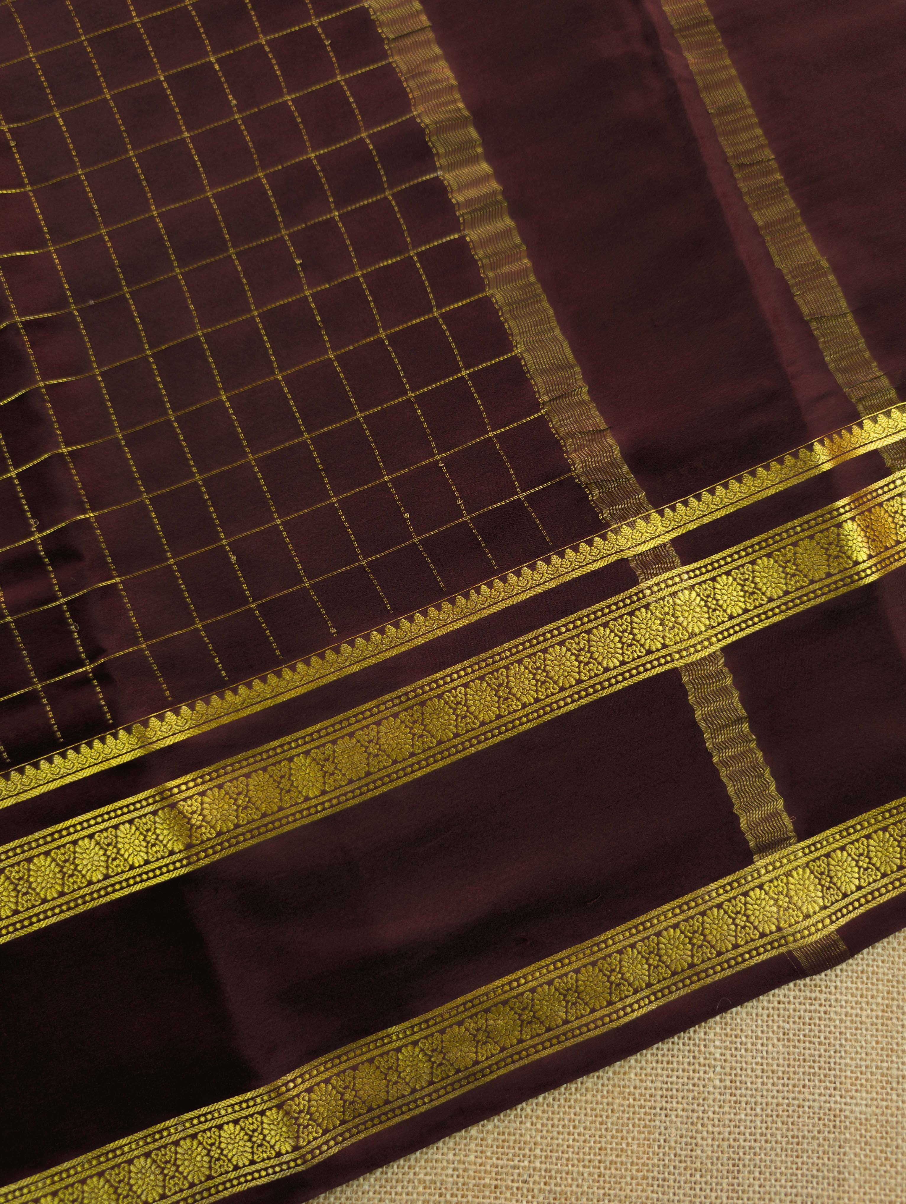 Pure Mysore Silk Crepe - Chocolate Brown with zari checks and gap border