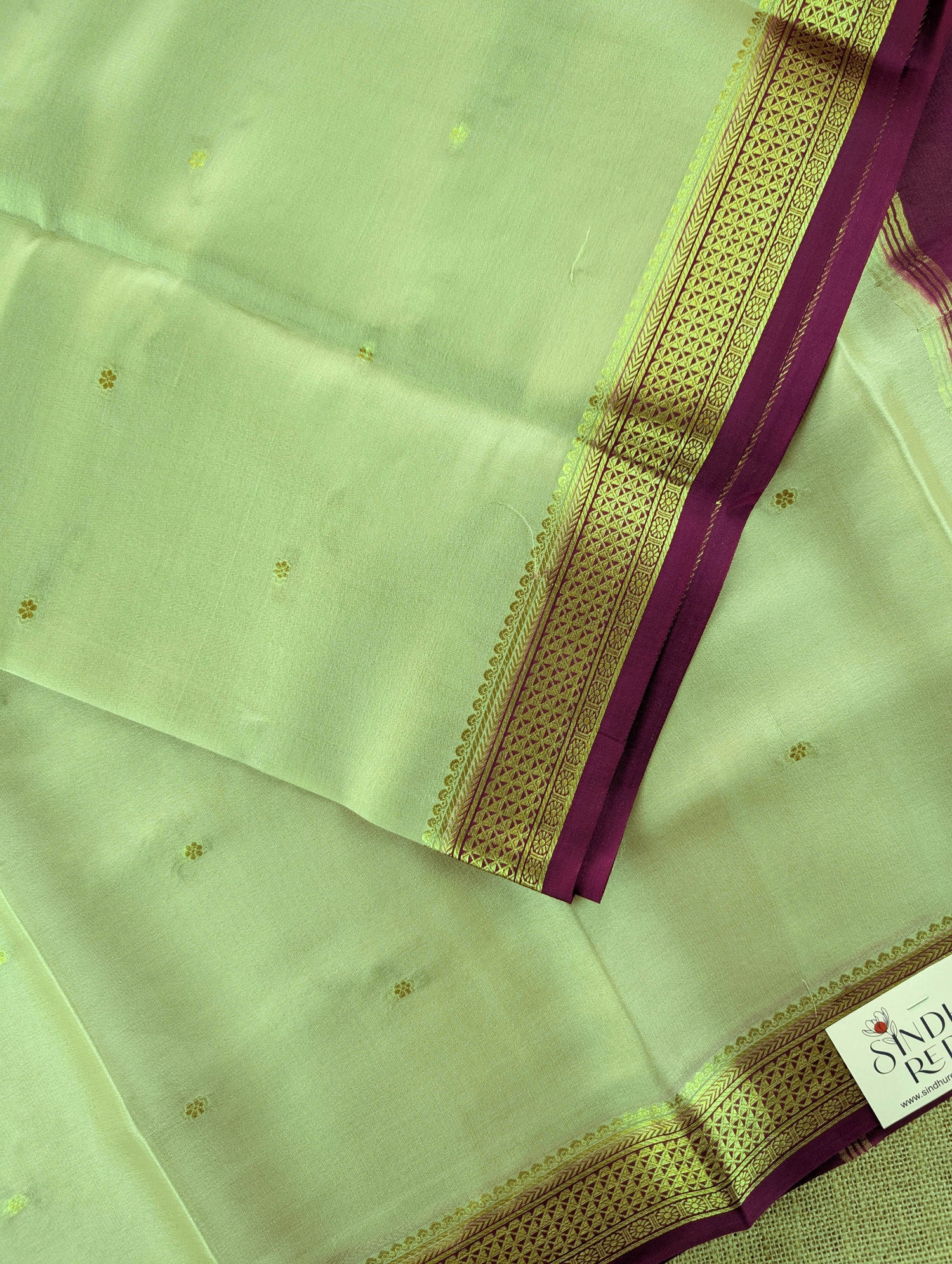 Pure Mysore Silk Crepe - Pista Green with Purple