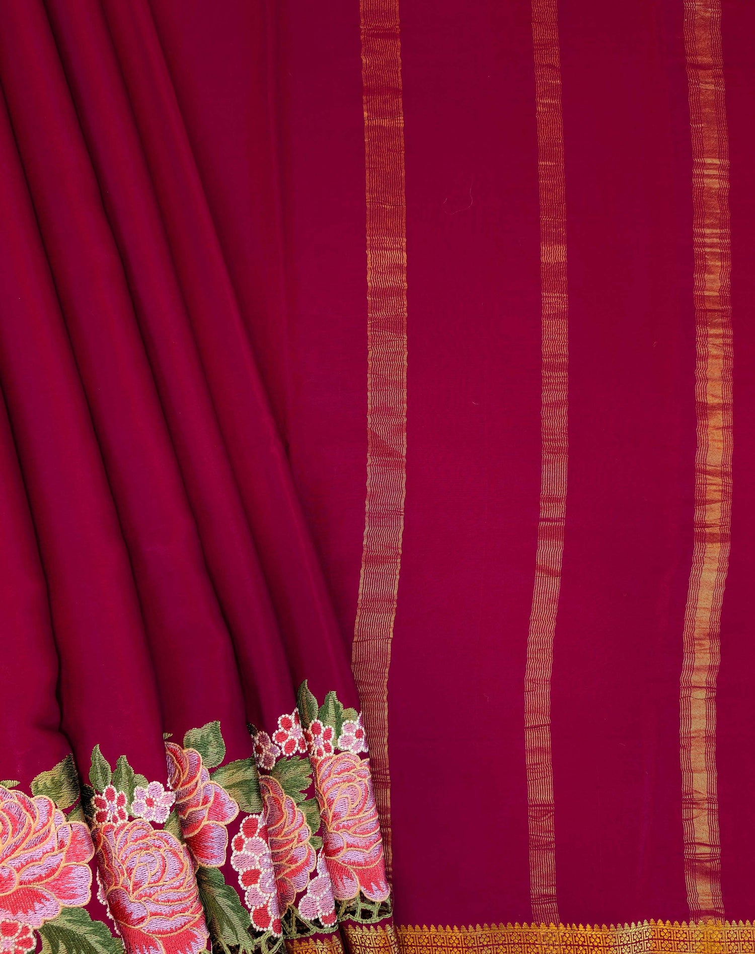 Pure Mysore Silk Crepe - Dark Pink Floral Embroidery with Cut Work