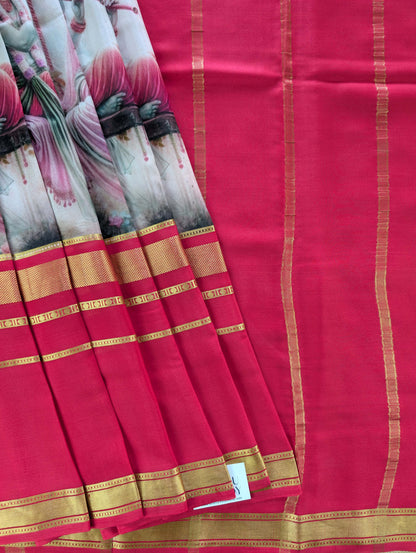 Pure Mysore Silk Crepe -  Bright Maroon with Printed Base