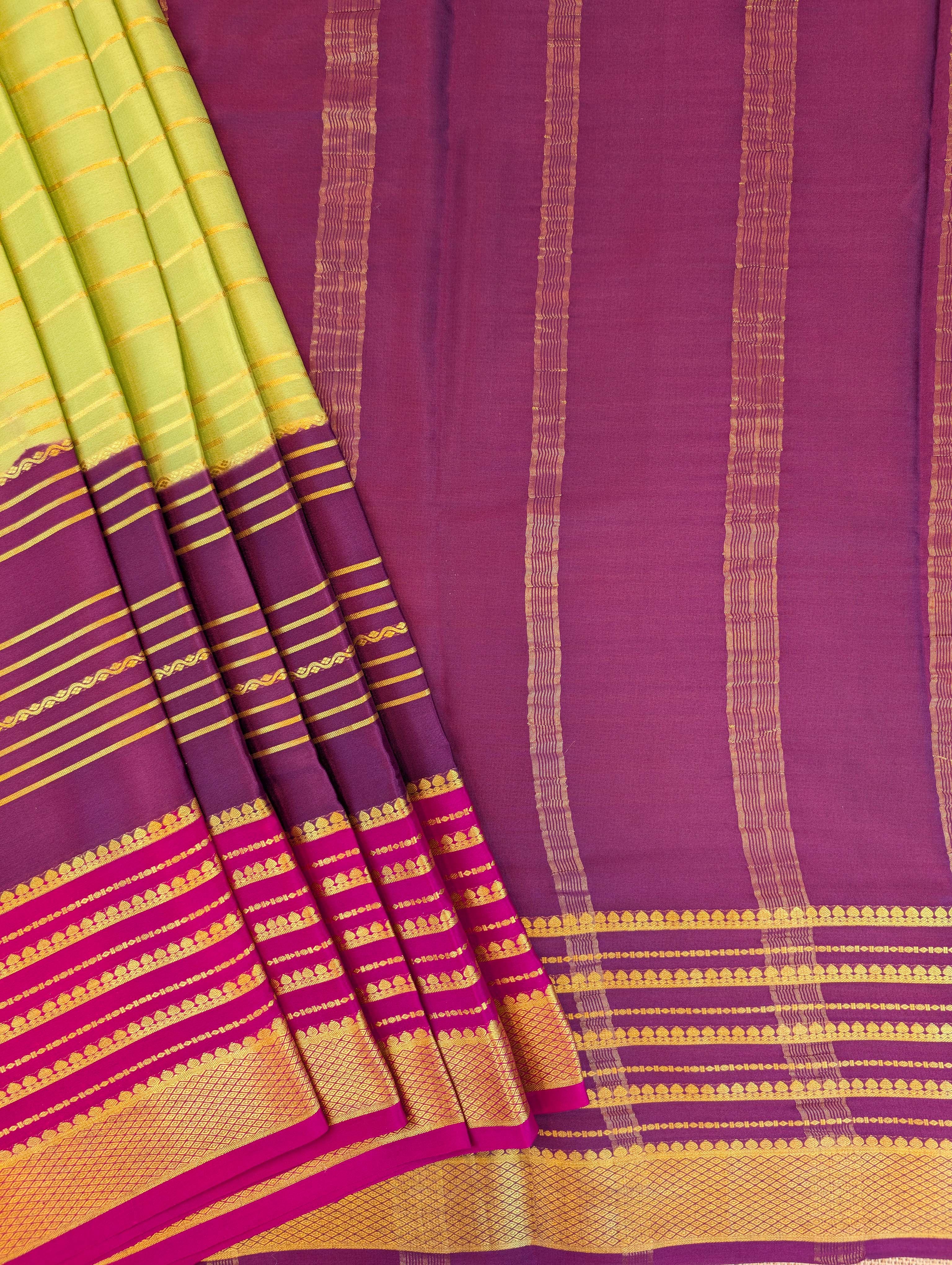 Pure Mysore Silk Crepe - Parrot Green with Chocolate Brown &amp; Pink