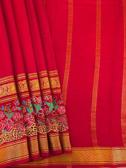 Pure Mysore Silk Crepe - Red Floral Embroidery with Cut Work