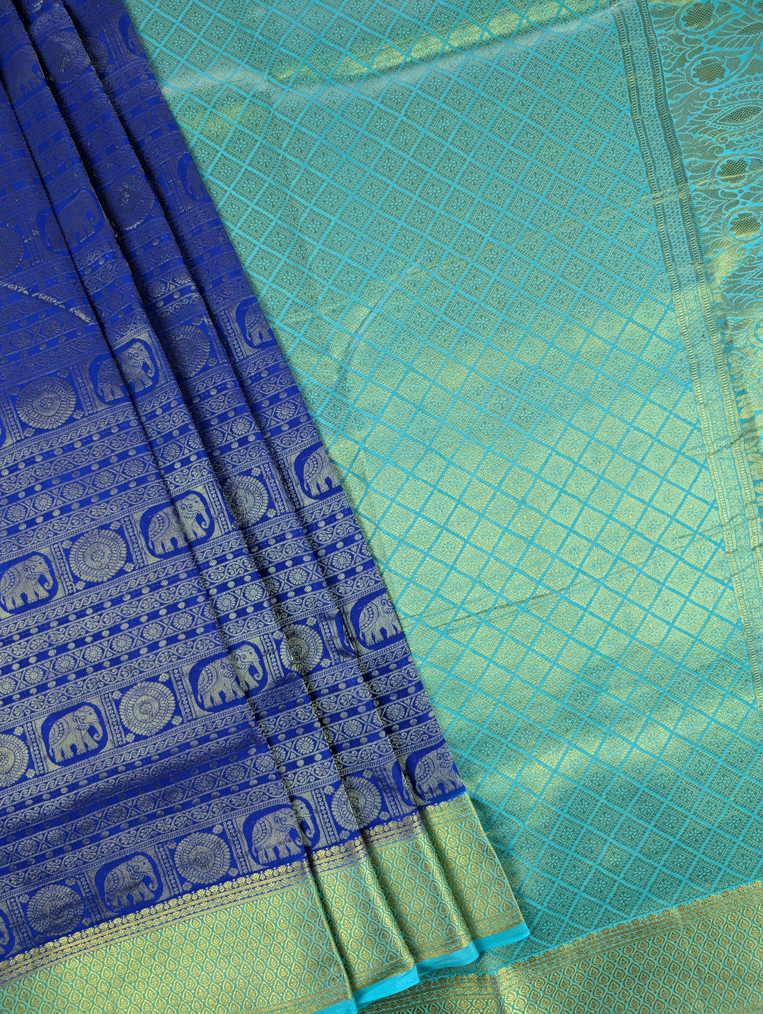 Pure Mysore Silk Crepe Brocade - Blue &amp; Turquoise Blue