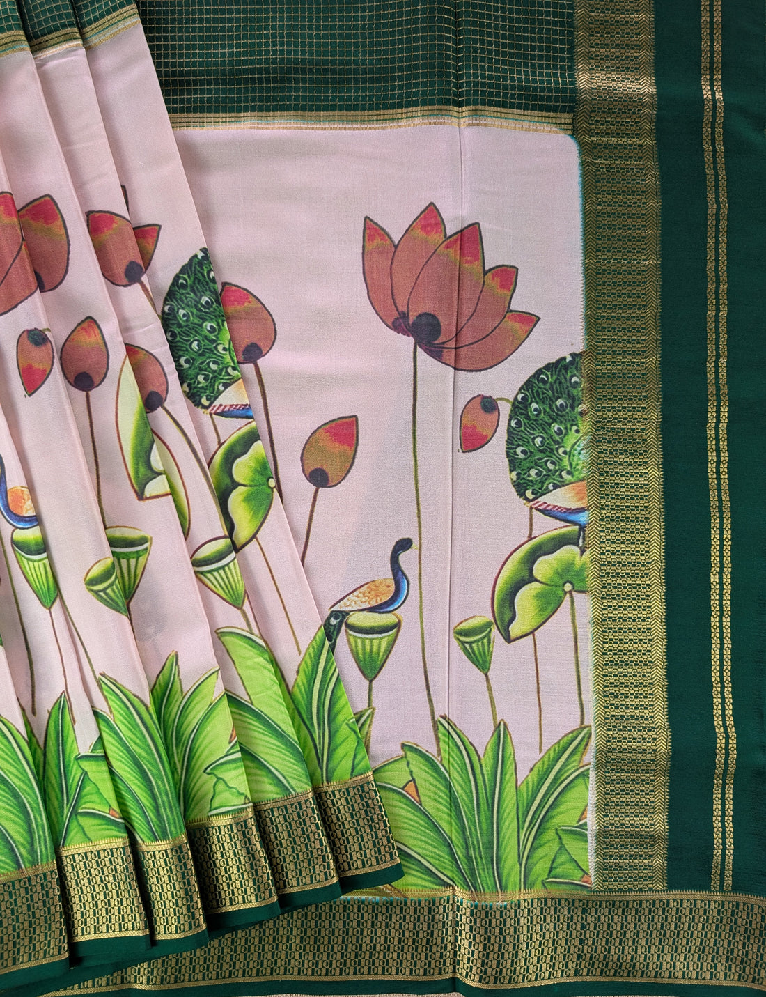 Pure Mysore Silk Crepe -  Green with Light Pink Half &amp; Half Printed Border