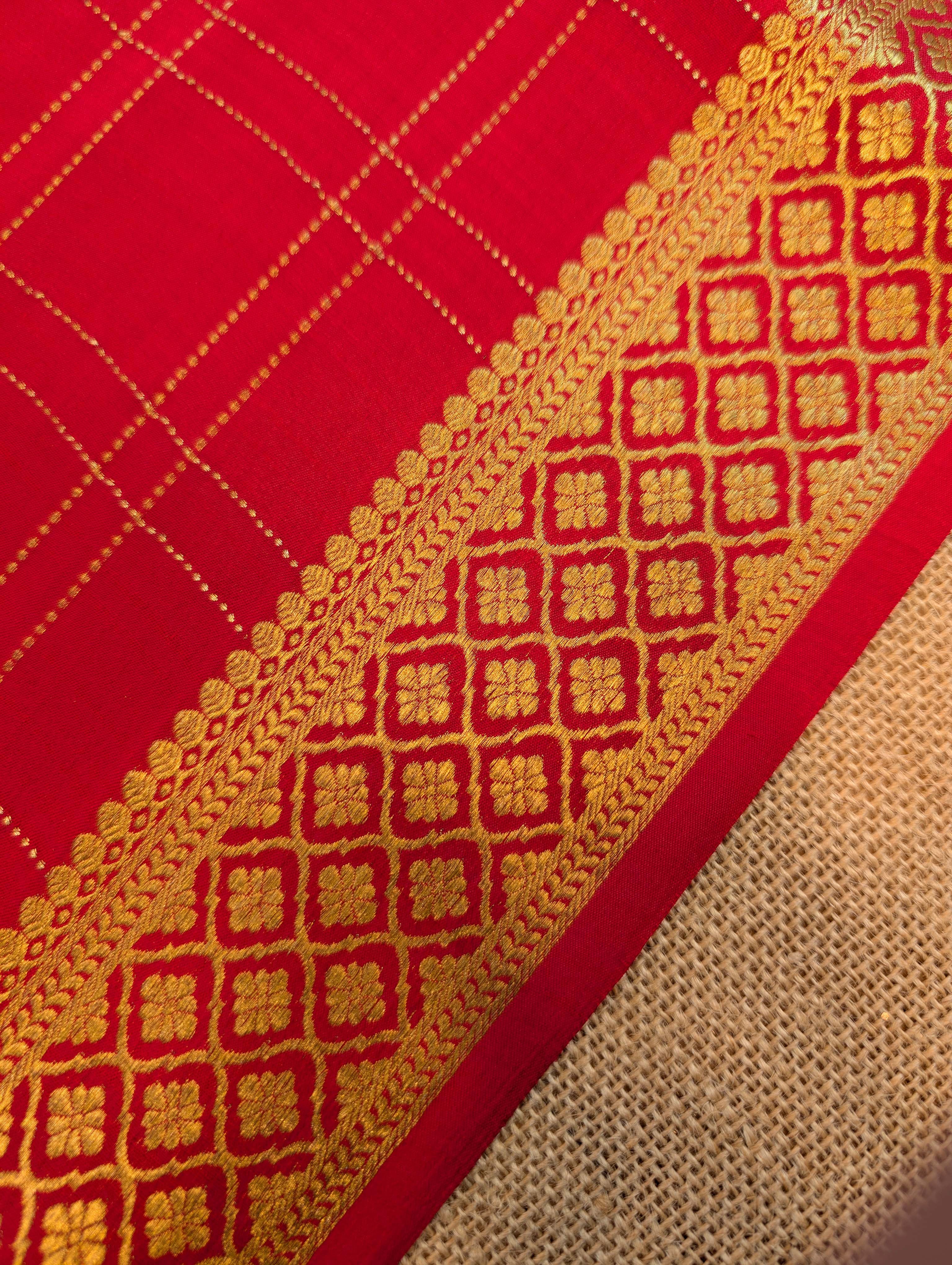 Pure Mysore Silk Crepe - Red with zari checks and border