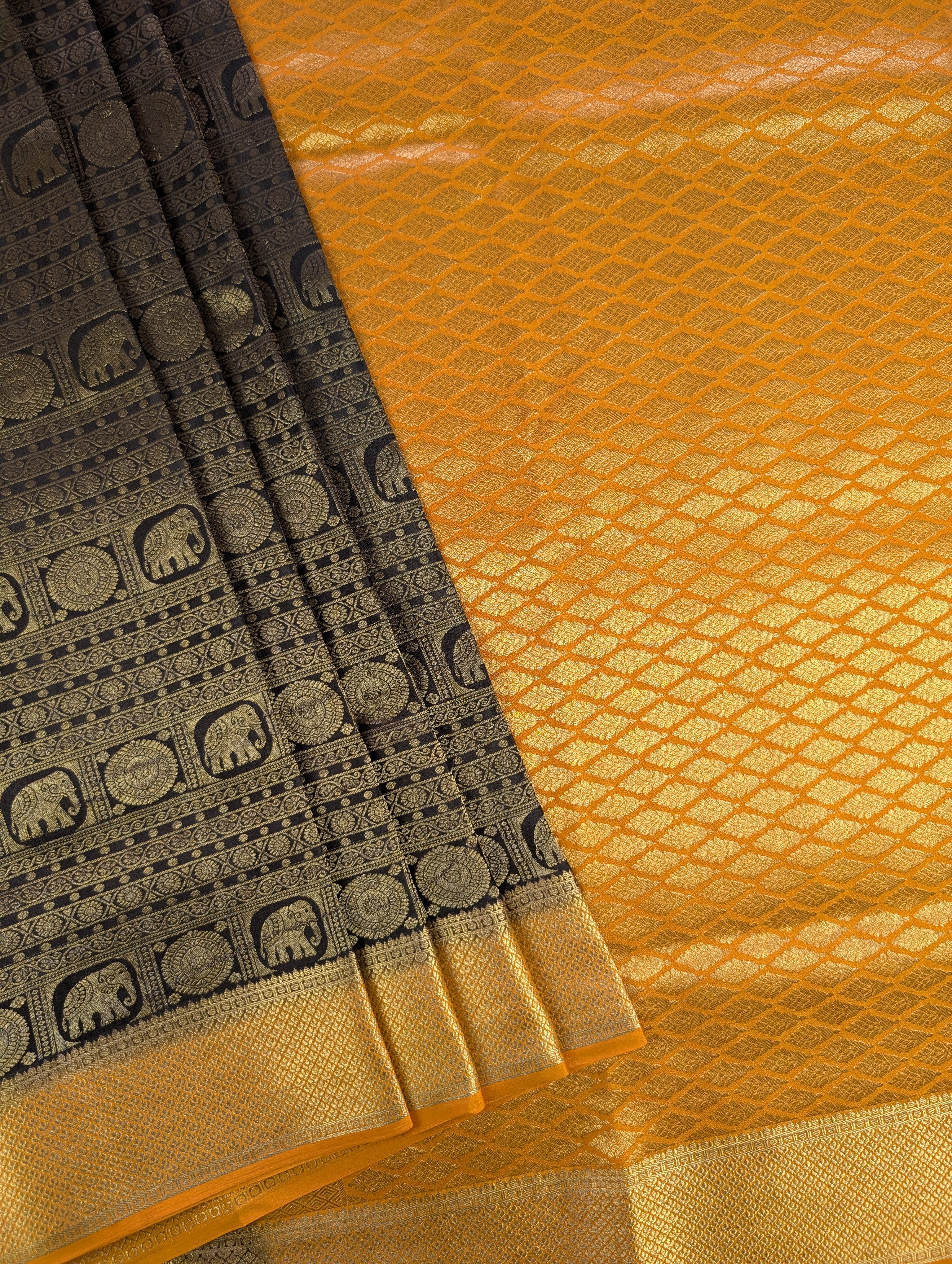 Pure Mysore Silk Crepe Brocade - Black &amp; Mustard