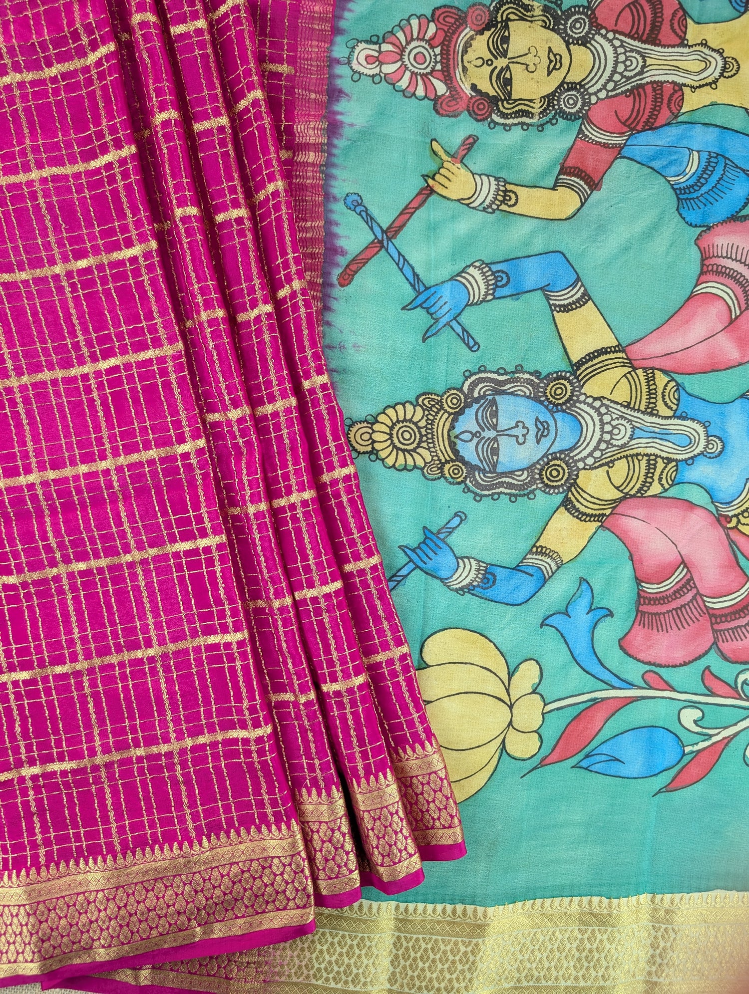 Pure Mysore Silk Crepe - Pink with Hand Painted Pen Kalamkari Pallu &amp; Blouse