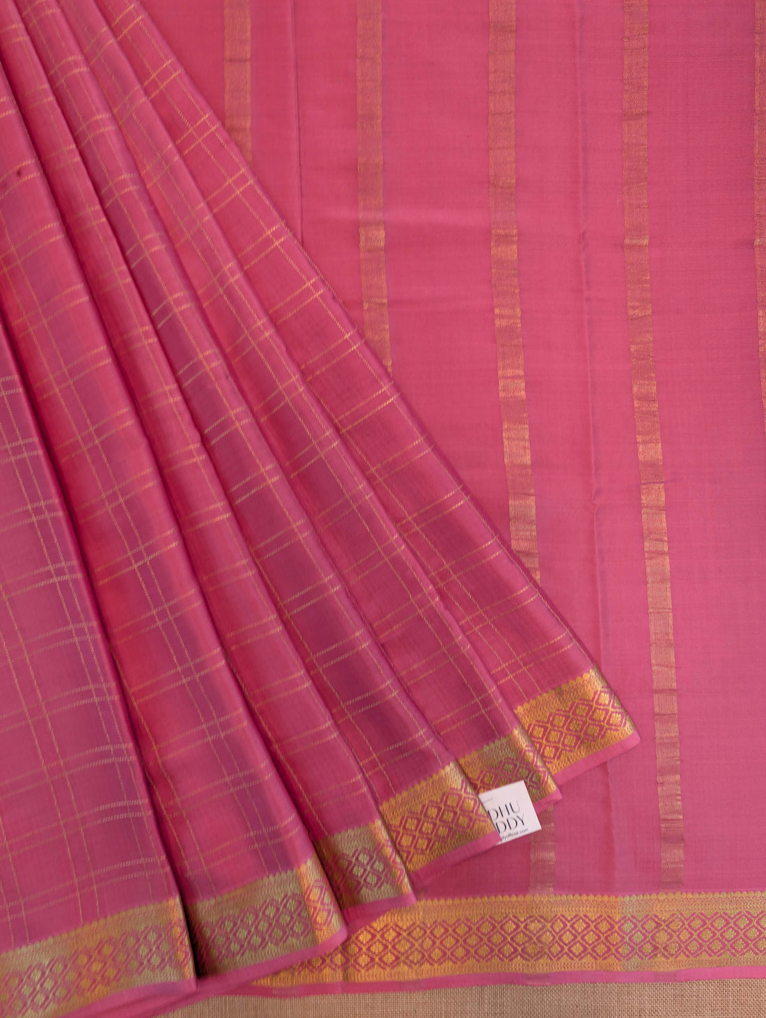 Pure Mysore Silk Crepe - Peach with zari checks and border