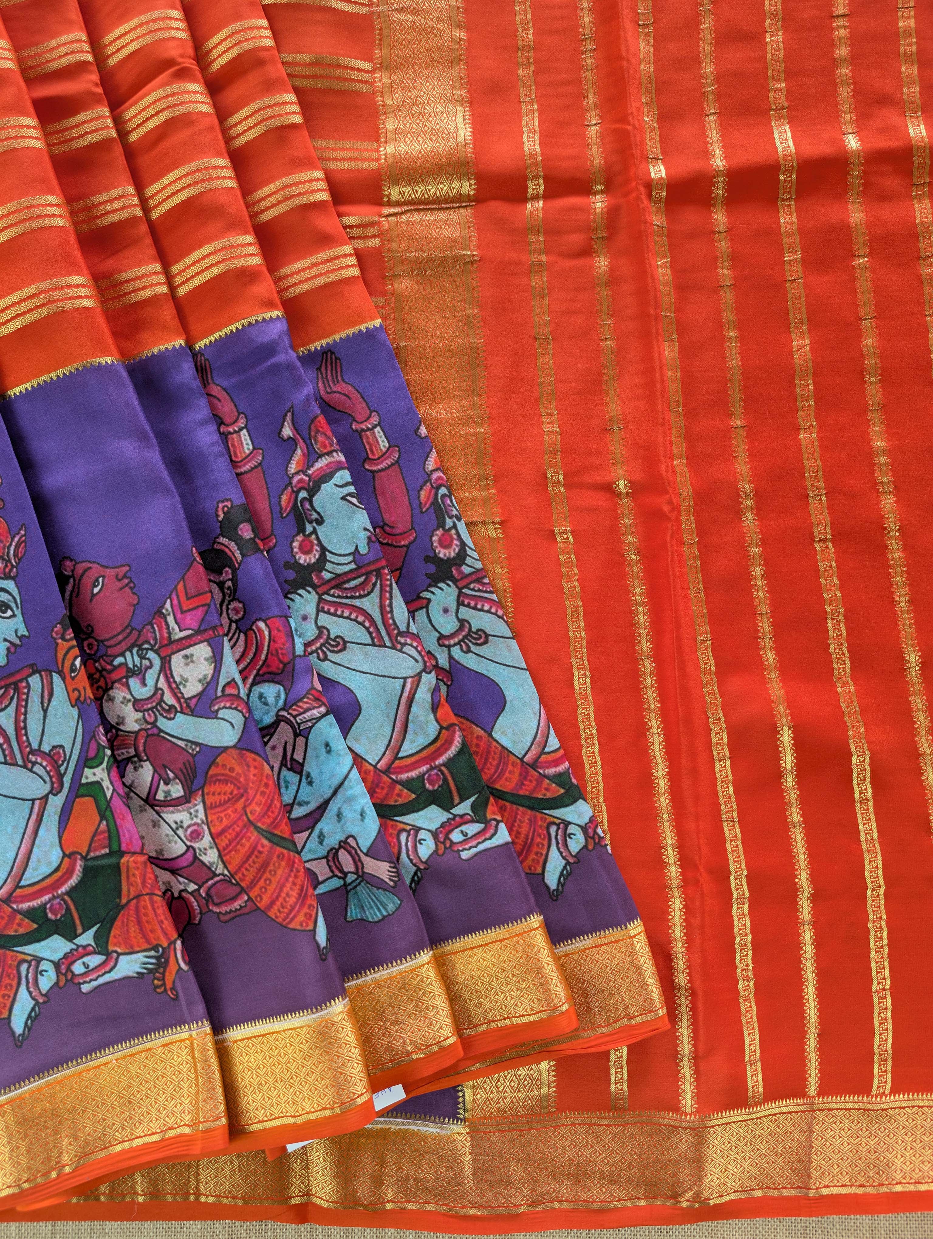 Pure Mysore Silk Crepe -  Brick Orange with Printed Half Border