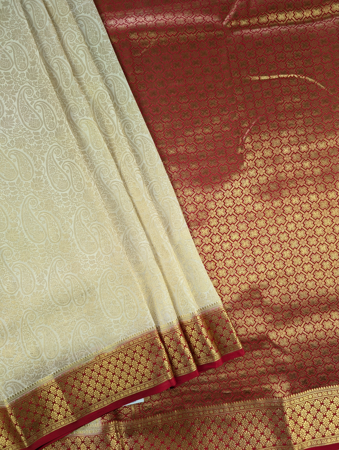 Pure Mysore Silk Crepe Brocade - Cream &amp; Red