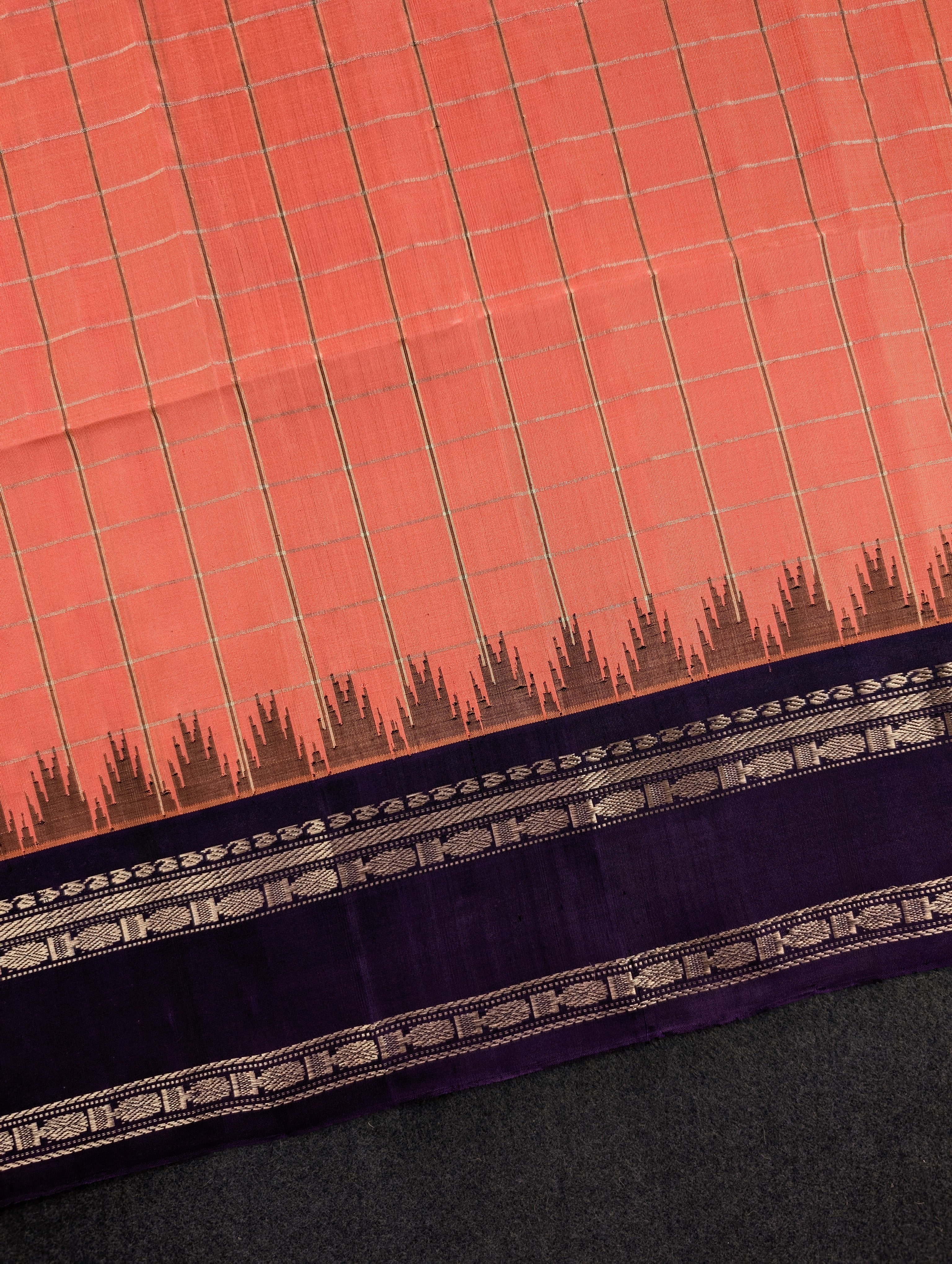 Pure Handloom Gadwal - Soft Peach with Purple