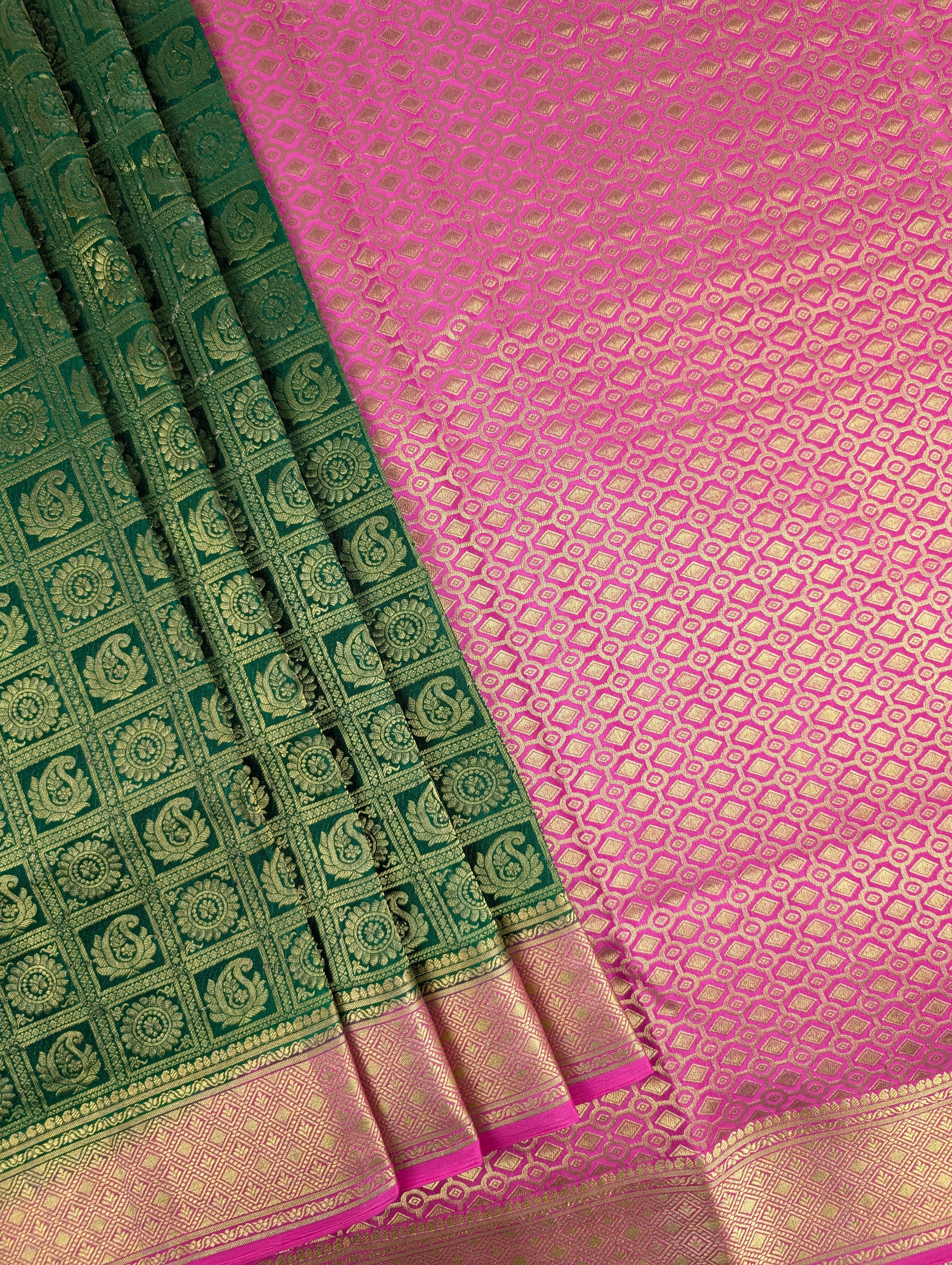 Pure Mysore Silk Crepe Brocade - Green &amp; Pink