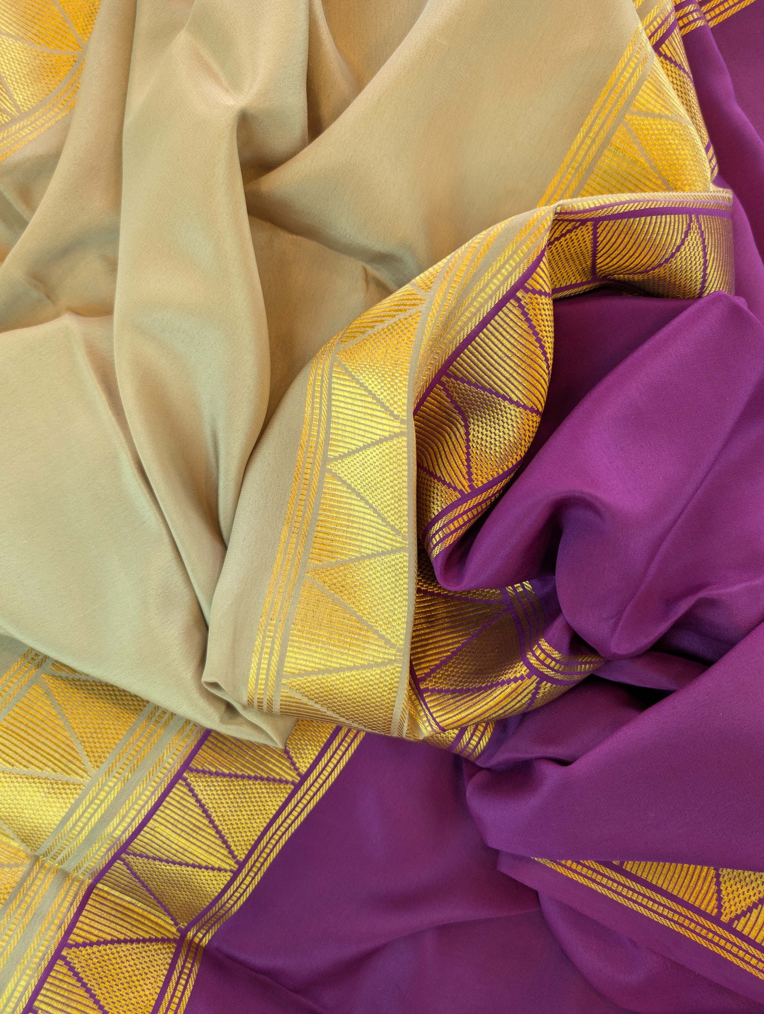 Pure Mysore Silk Crepe - Grey with Purple Half &amp; Half Pattern