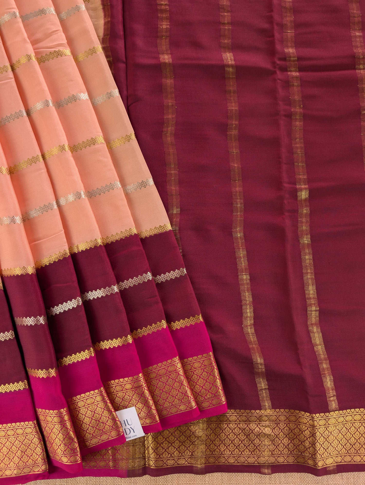 Pure Mysore Silk Crepe - Peach with Wine &amp; Pink 3D Pattern