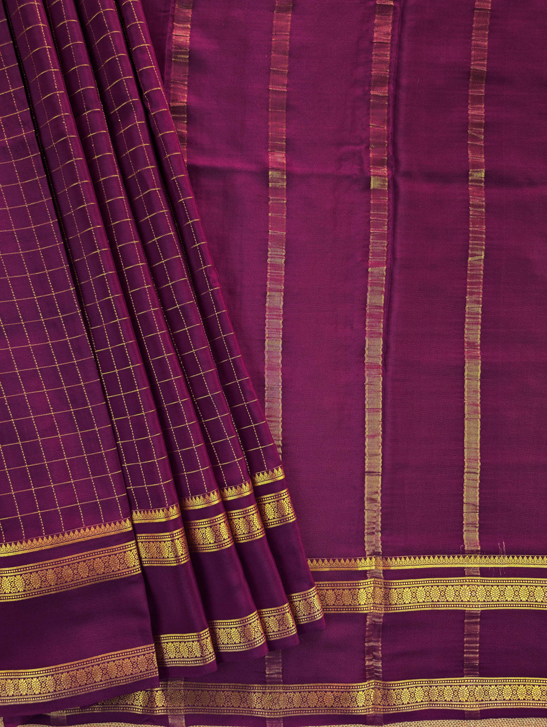 Pure Mysore Silk Crepe - Wine with zari checks and gap border