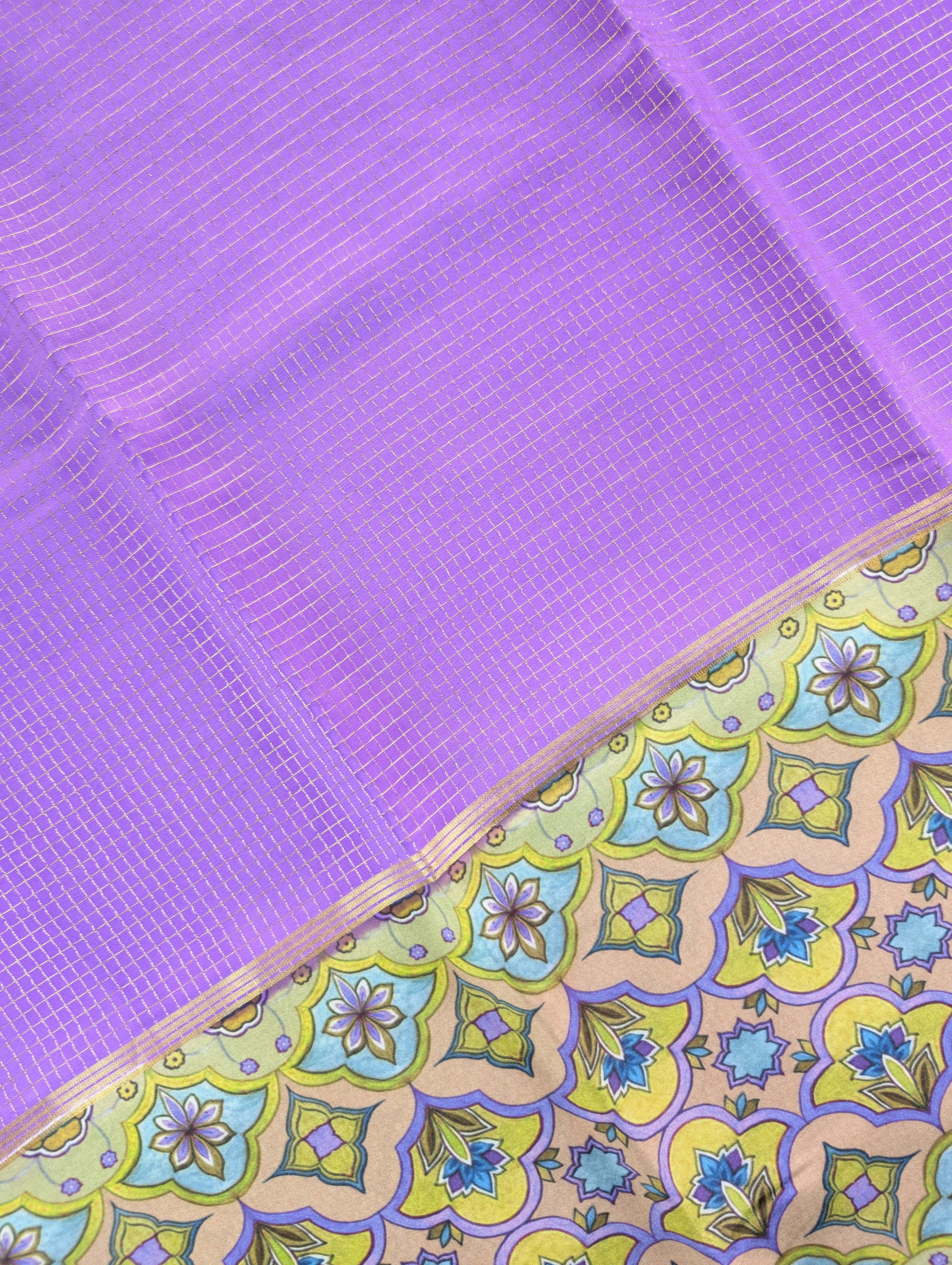 Pure Mysore Silk Crepe -  Lavender with Half &amp; Half Printed Border