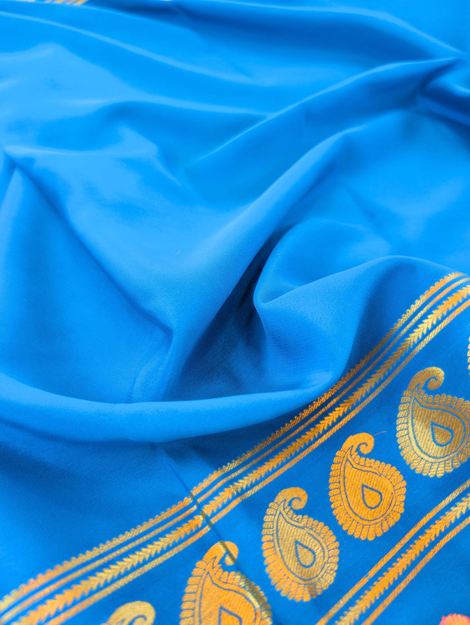 Pure Mysore Silk Crepe - Blue Floral Embroidery with Cut Work