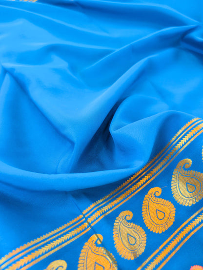 Pure Mysore Silk Crepe - Blue Floral Embroidery with Cut Work