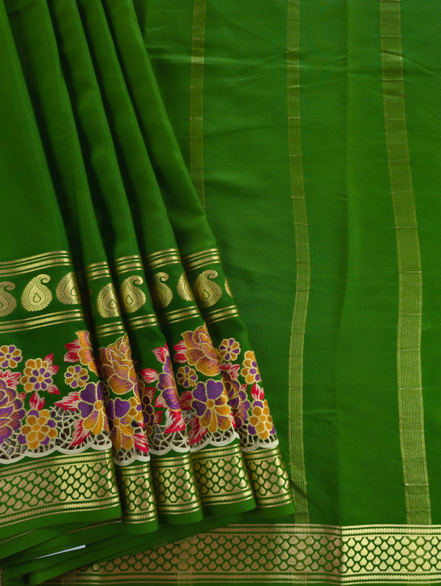 Pure Mysore Silk Crepe - Green Floral Embroidery with Cut Work