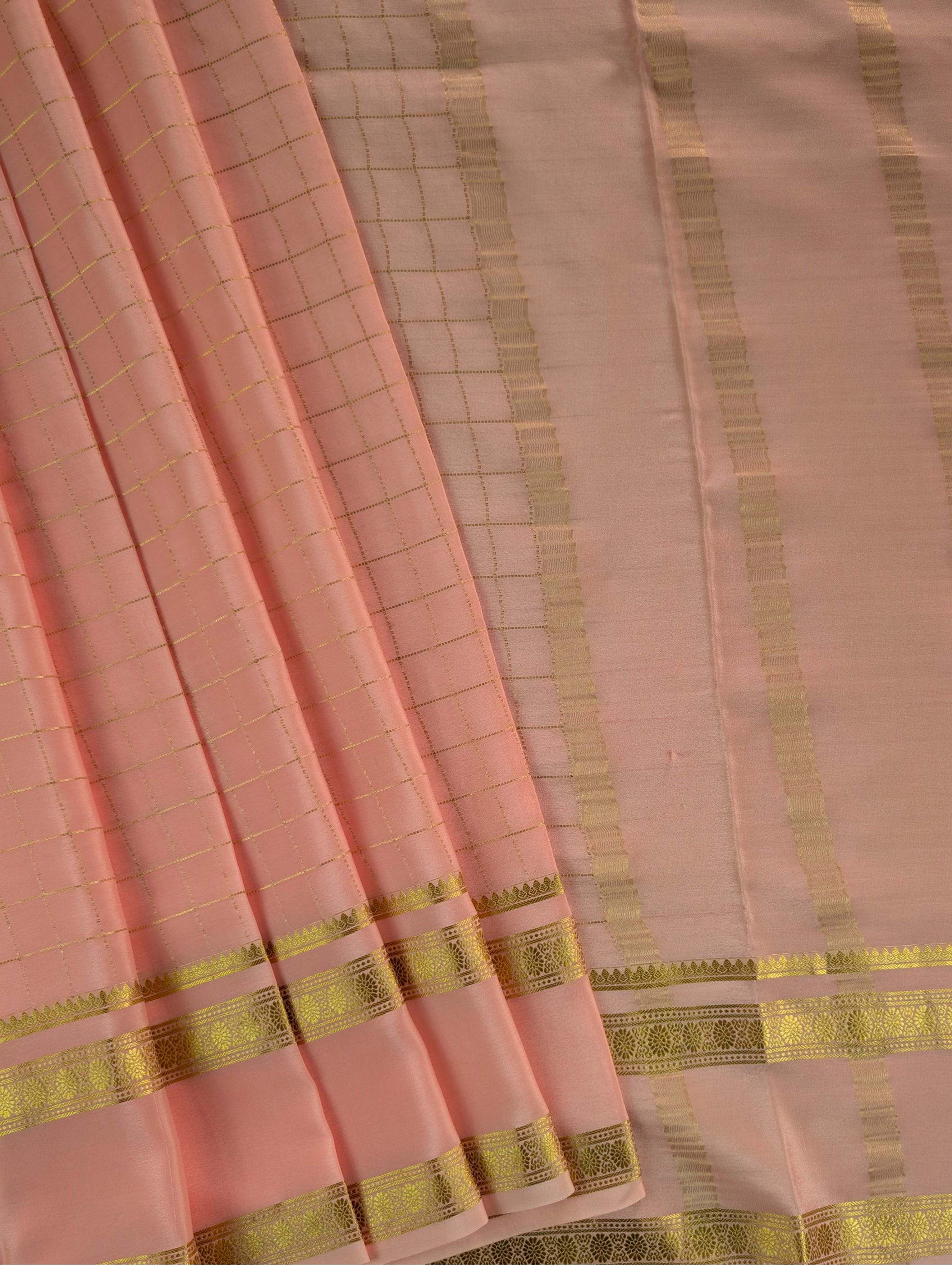 Pure Mysore Silk Crepe - Peach with zari checks and gap border