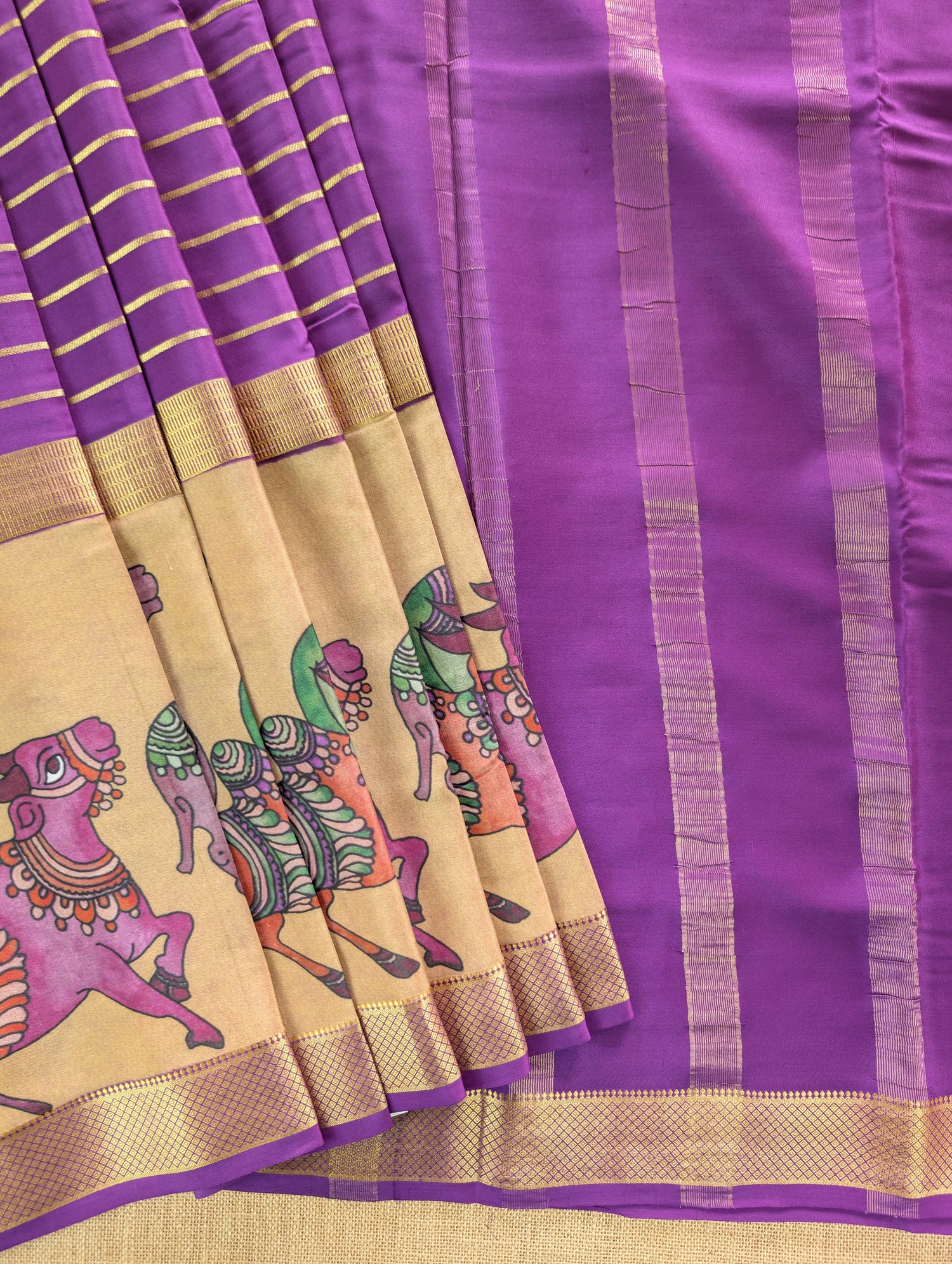 Pure Mysore Silk Crepe -  Purple with Printed Half Border