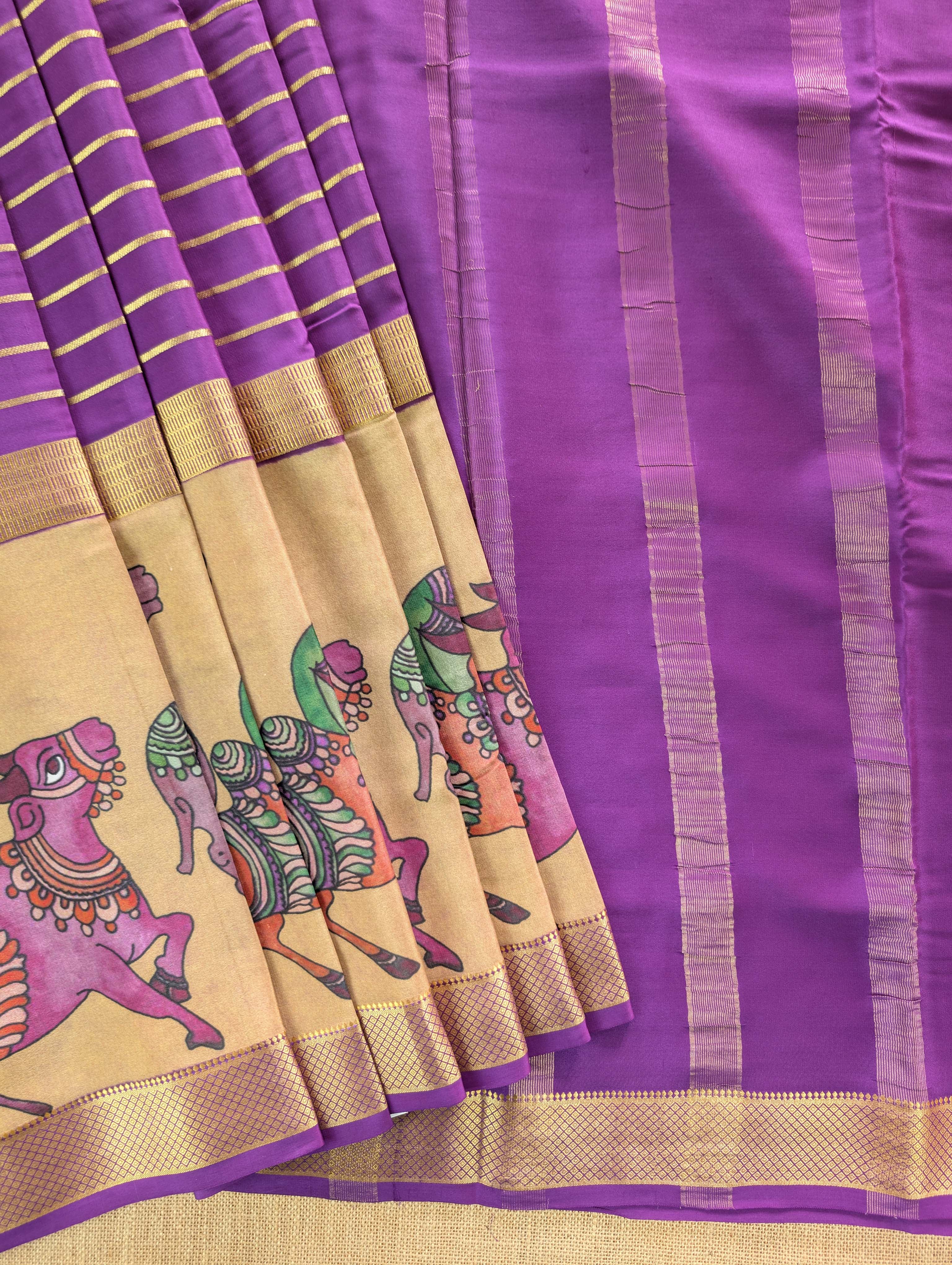 Pure Mysore Silk Crepe -  Purple with Printed Half Border