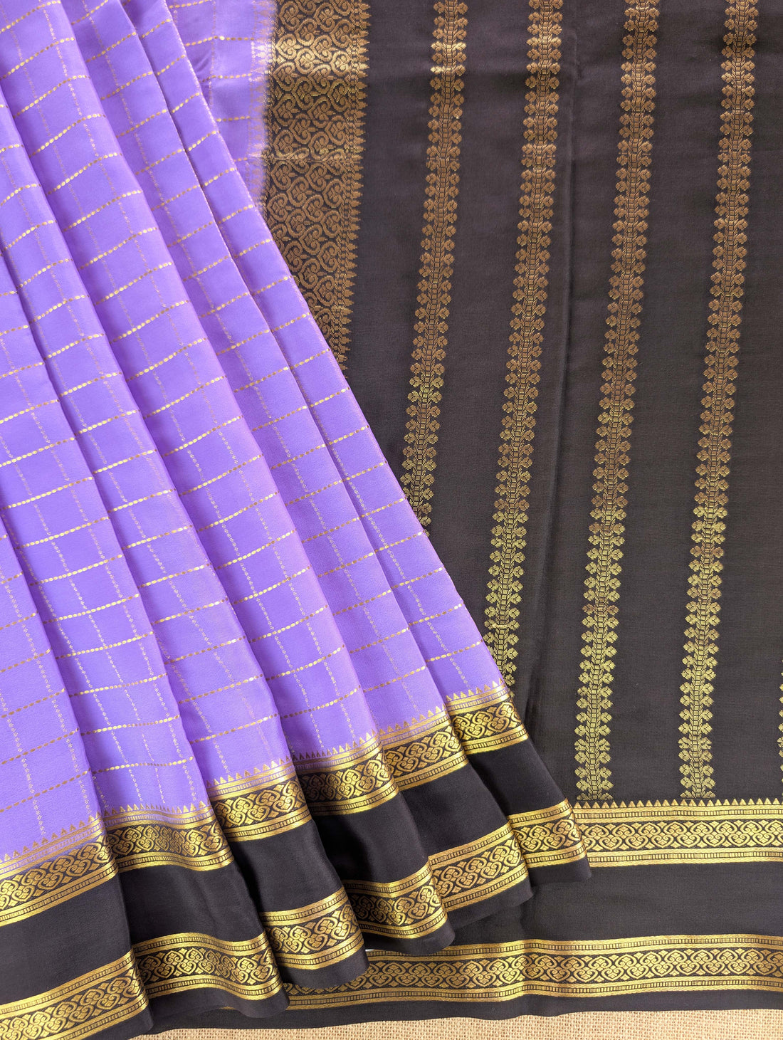 Pure Mysore Silk Crepe - Deep Lavender with Black