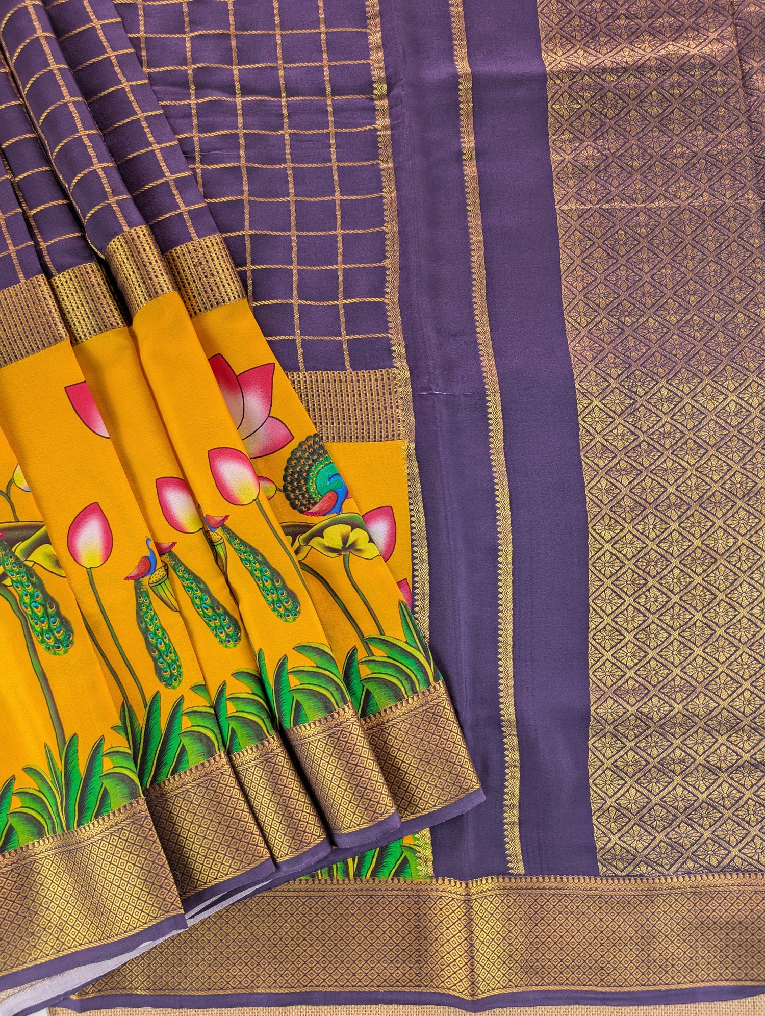 Pure Mysore Silk Crepe -  Purple with Yellow Printed Border