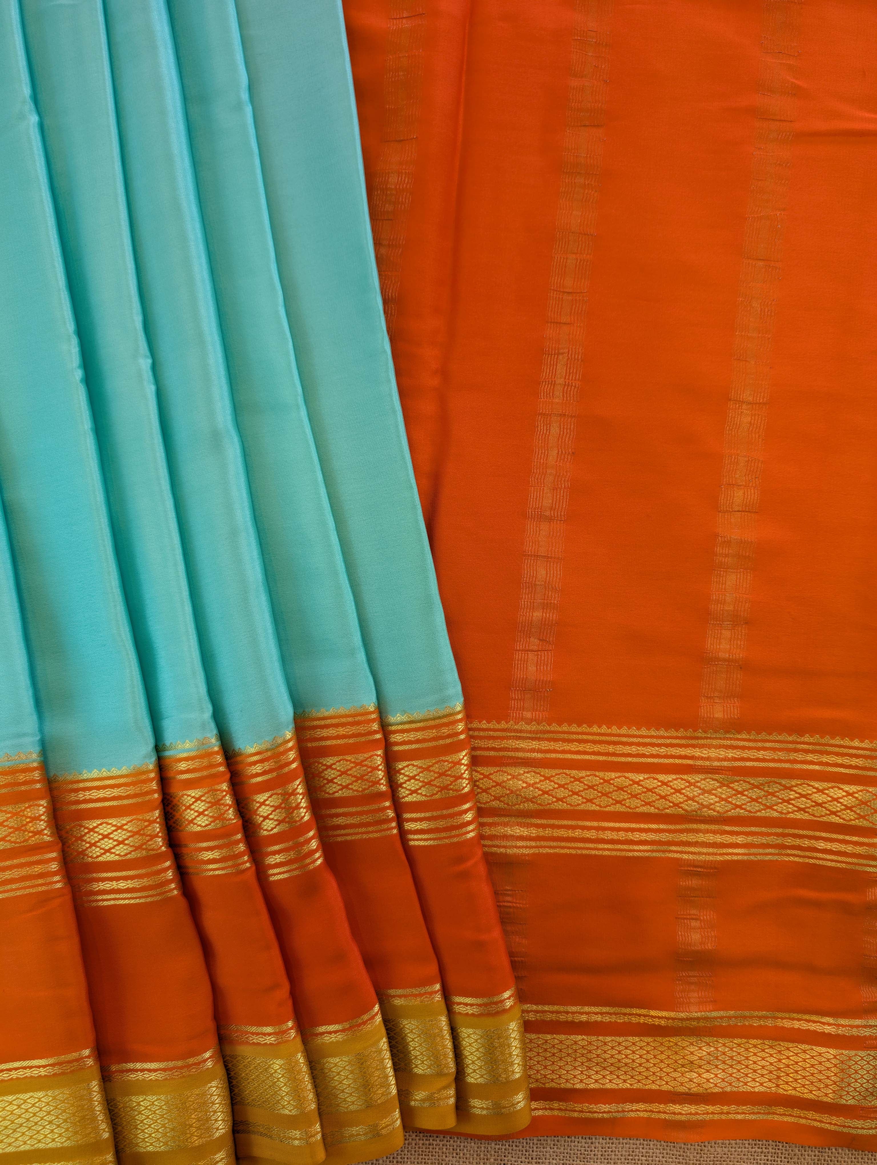 Pure Mysore Silk Crepe - Sea Blue with Orange