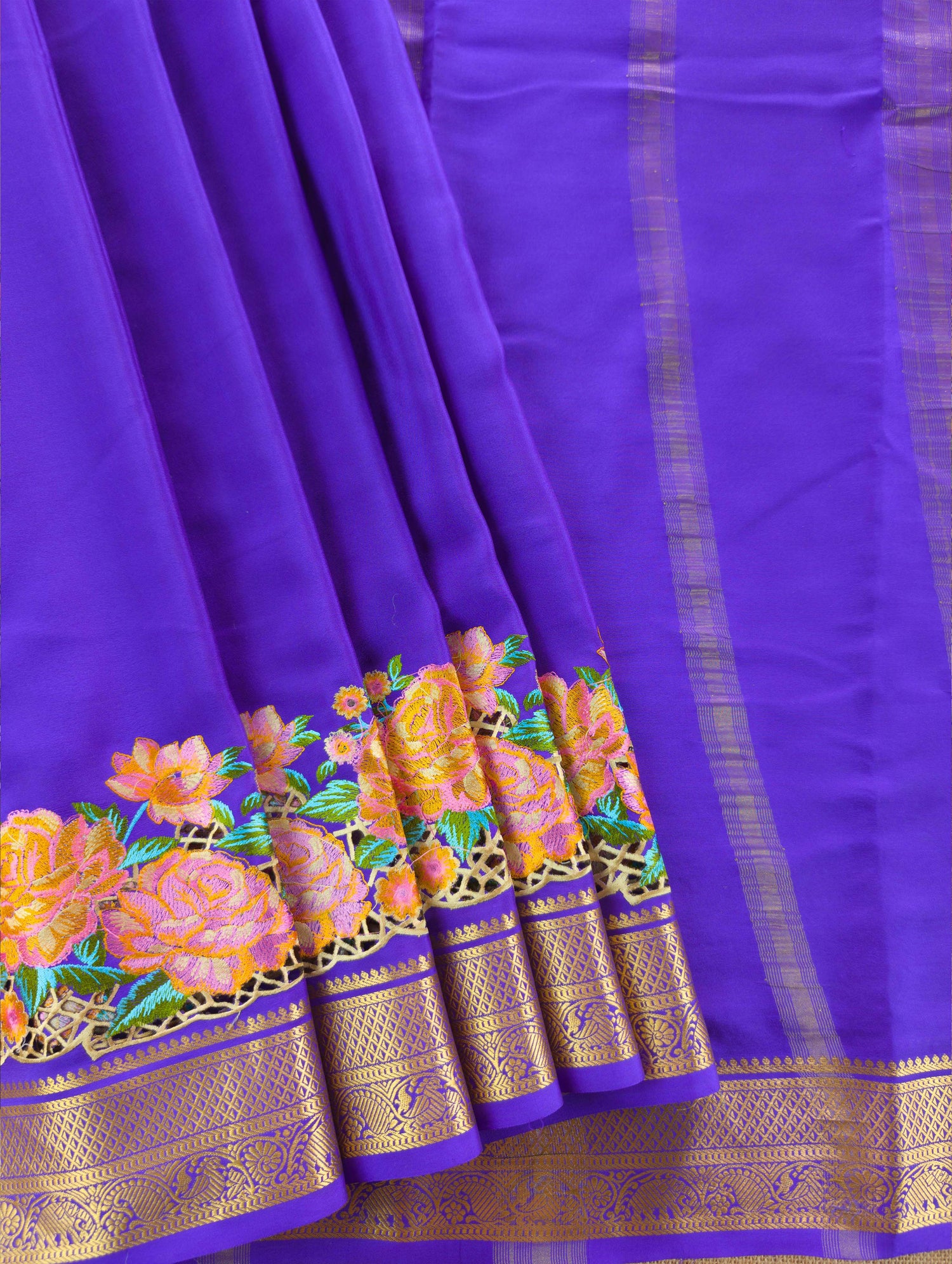 Pure Mysore Silk Crepe - Purple Floral Embroidery with Cut Work