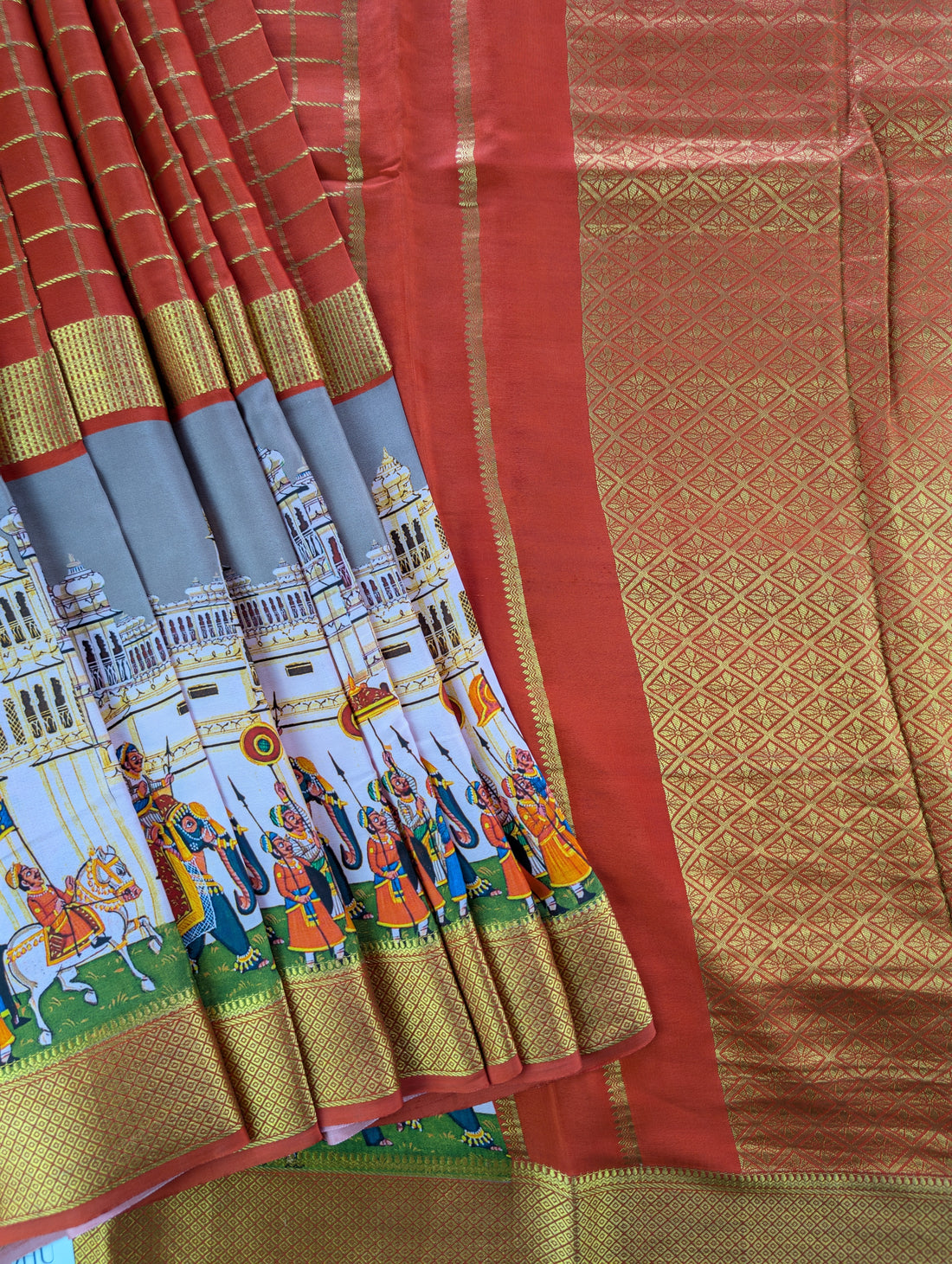 Pure Mysore Silk Crepe -  Orange with Printed Skirt Border