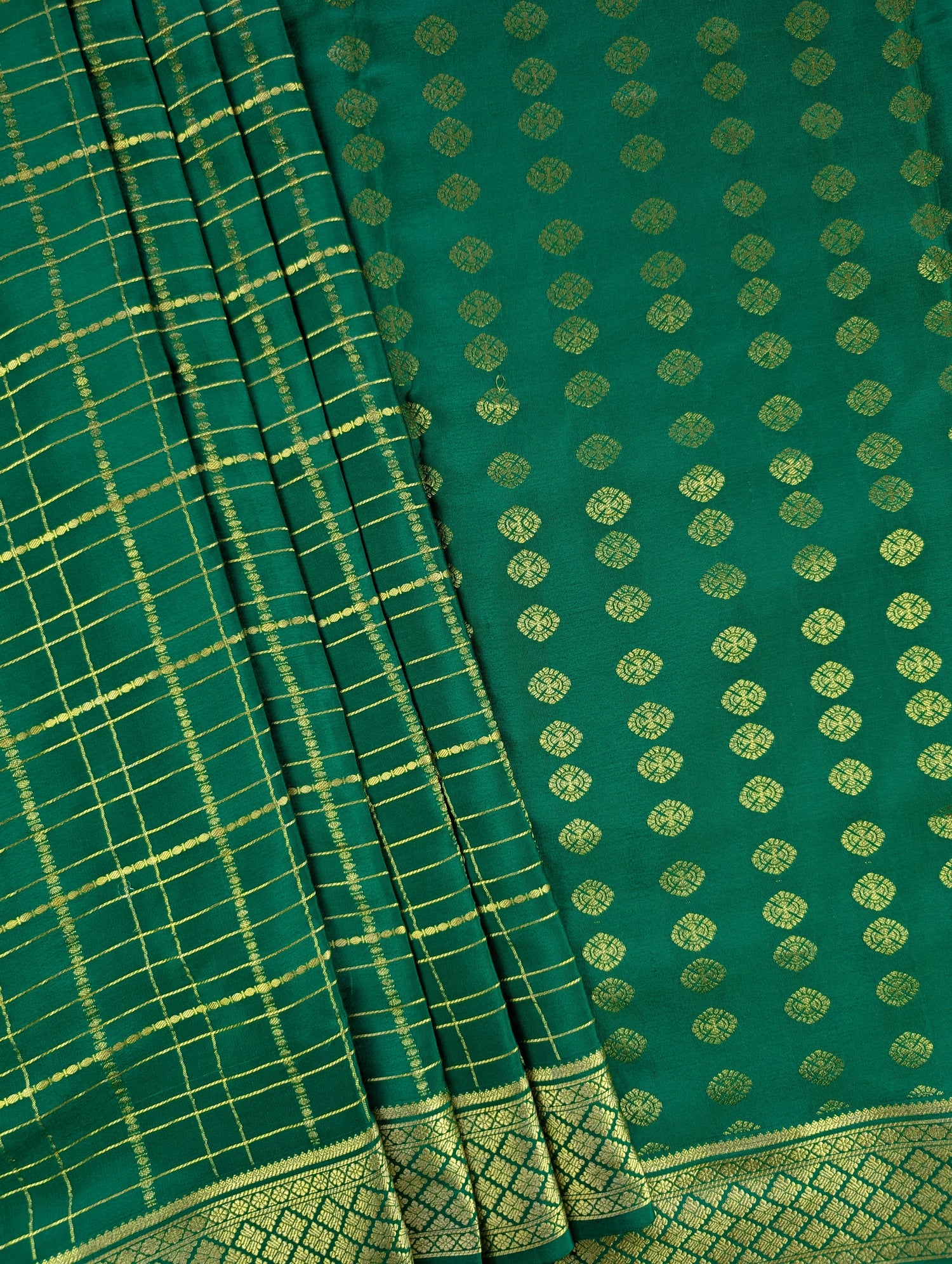 Pure Mysore Silk Crepe - Green with zari checks and border