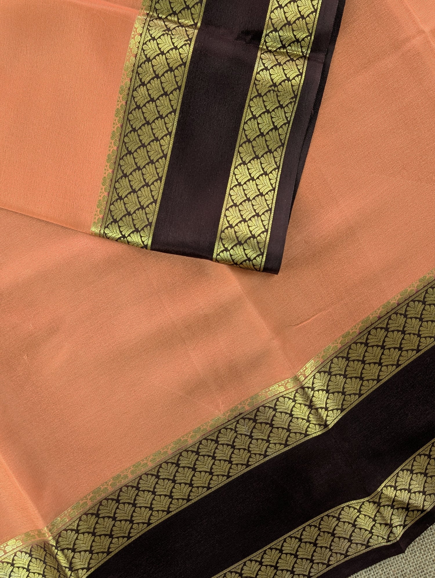 Pure Mysore Silk Crepe - Peach with Coffee Brown