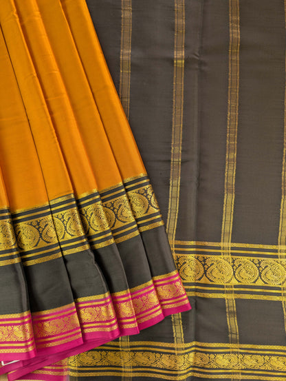 Pure Mysore Silk Crepe - Brownish Orange with Black &amp; Pink 3D Pattern