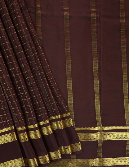 Pure Mysore Silk Crepe - Chocolate Brown with zari checks and gap border