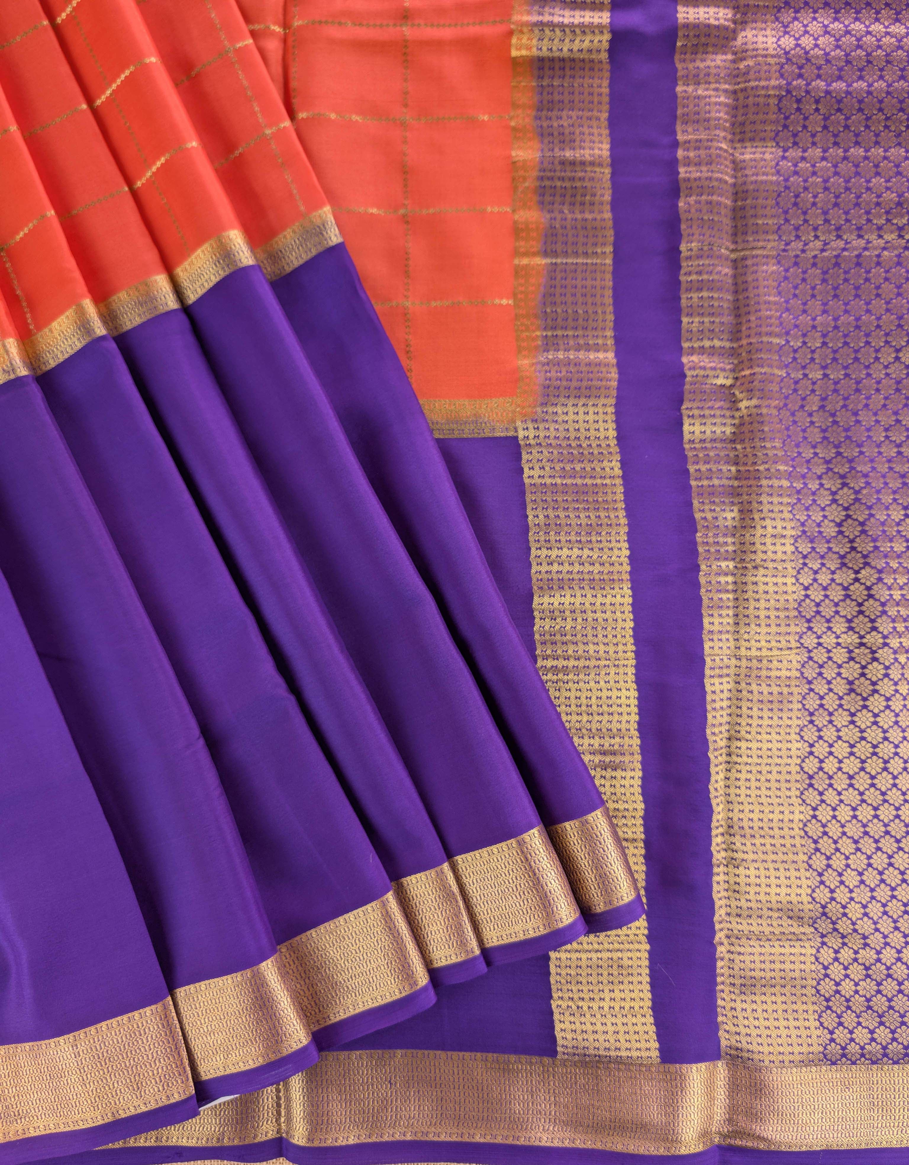 Pure Mysore Silk Crepe - Orange with Purple