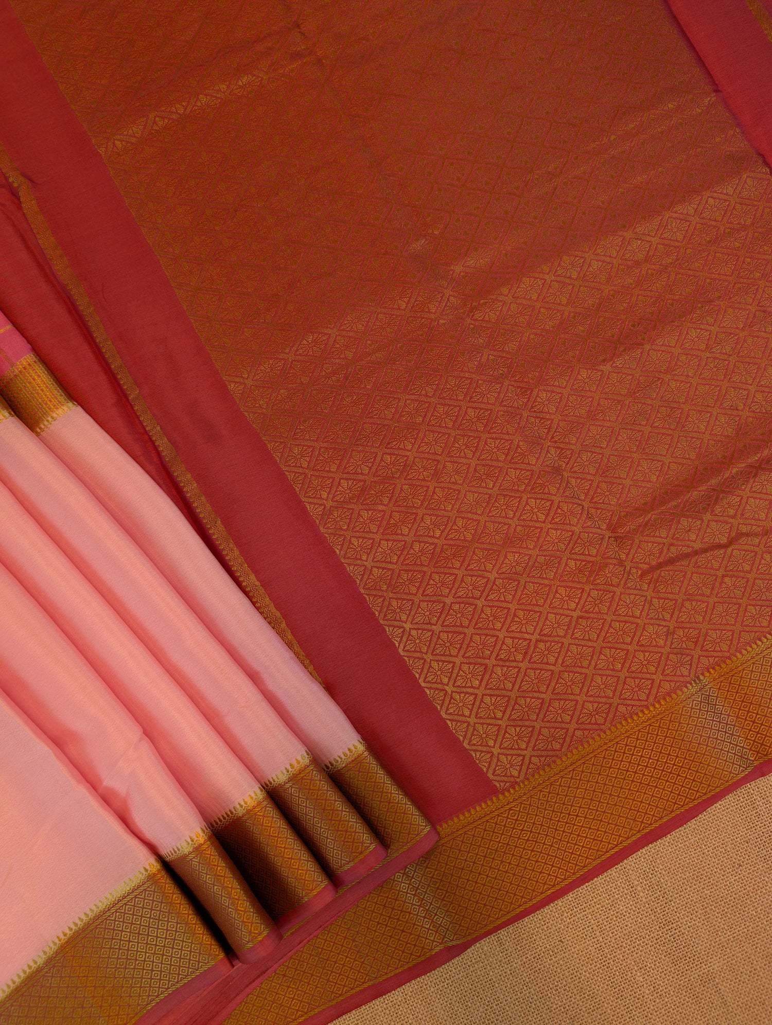 Pure Mysore Silk Crepe - Peach with Red 3D Pattern