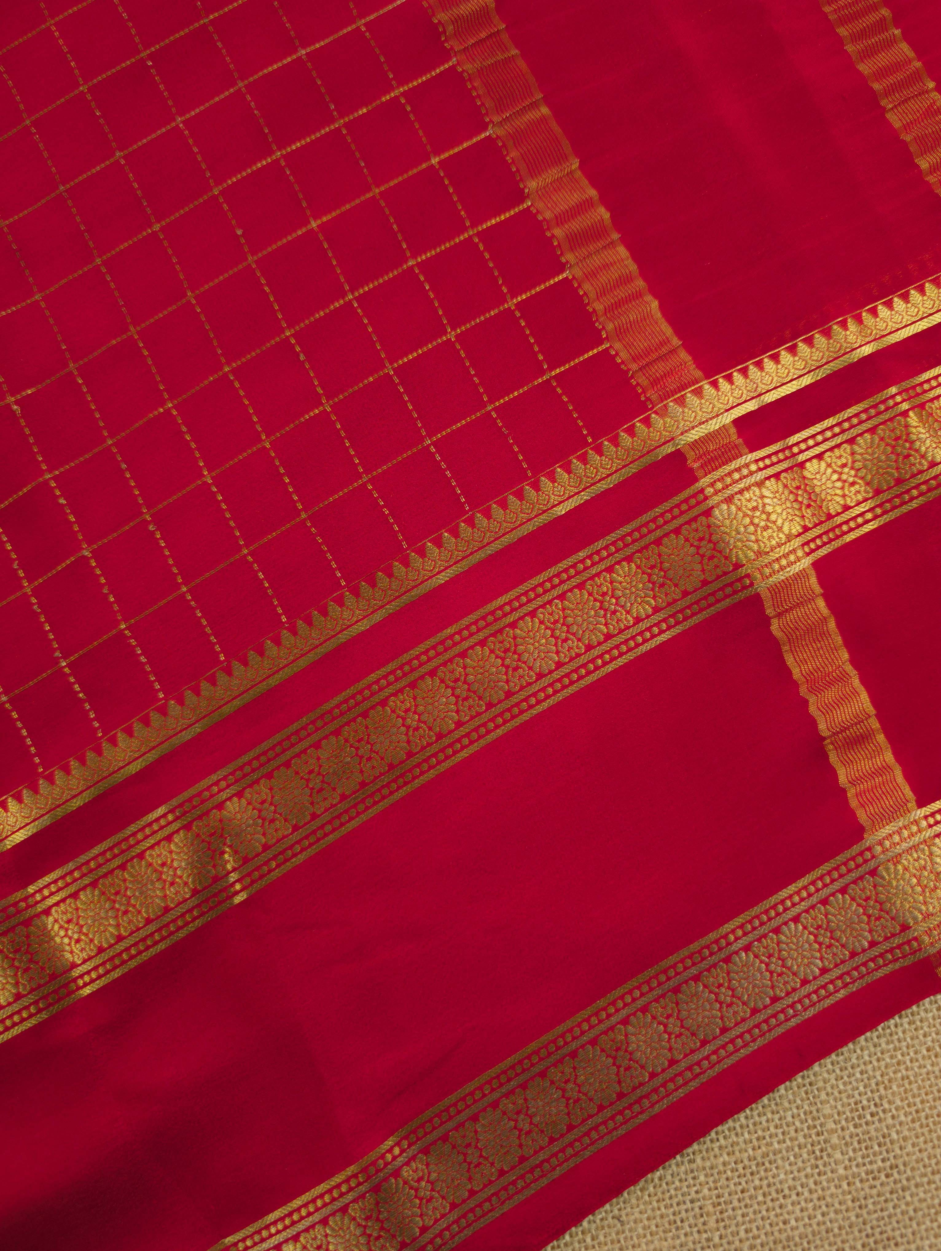 Pure Mysore Silk Crepe - Red with zari checks and gap border