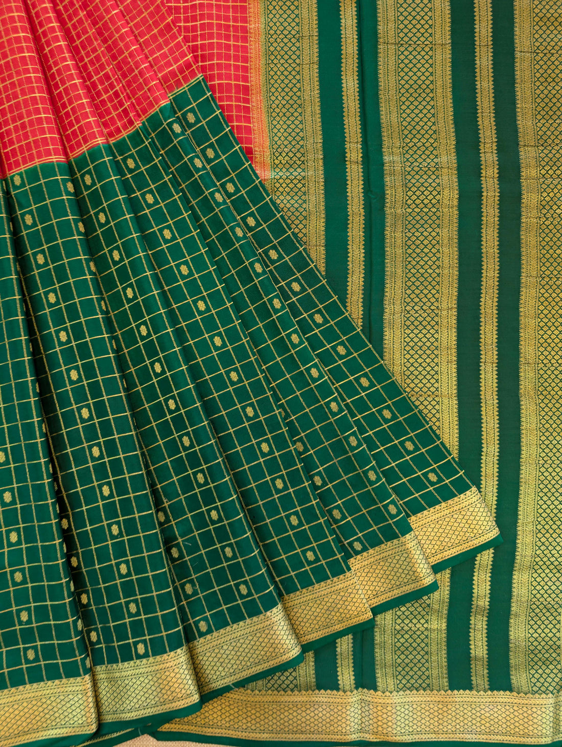 Pure Mysore Silk Crepe - Red with Green Half &amp; Half Pattern