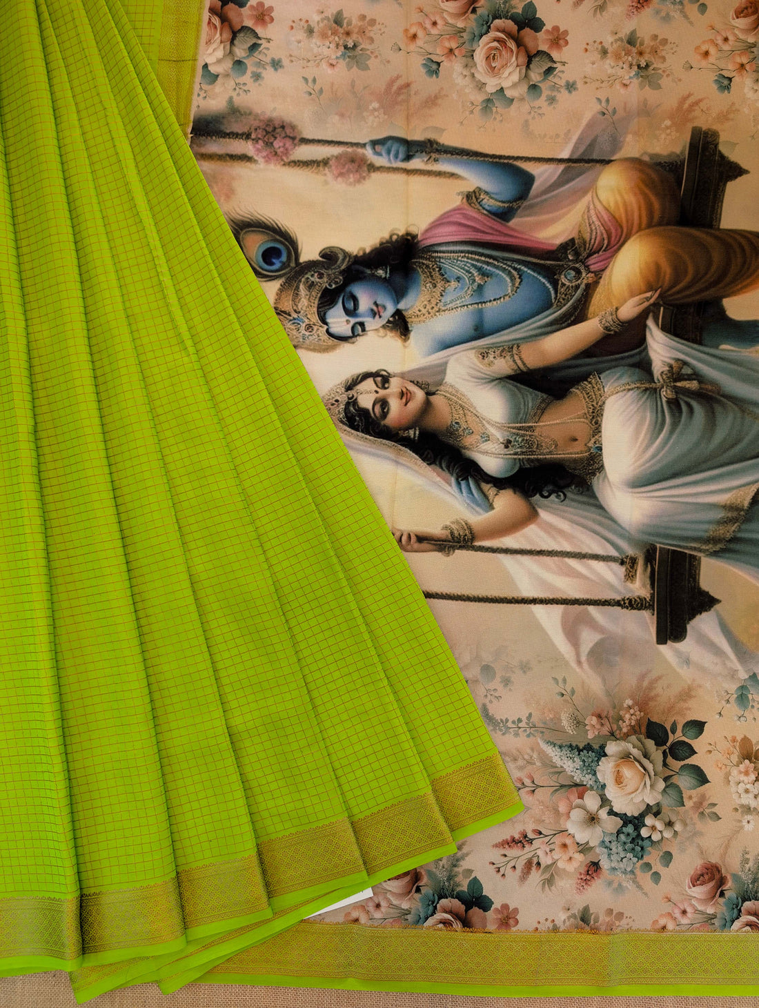 Pure Mysore Silk Crepe - Neon Green with Printed Pallu