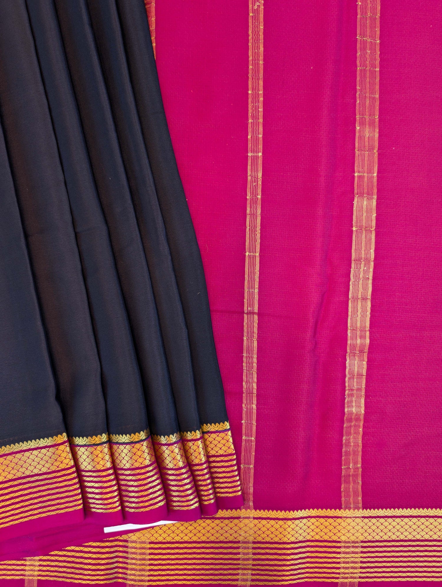 Pure Mysore Silk Crepe - Black with Dark Pink