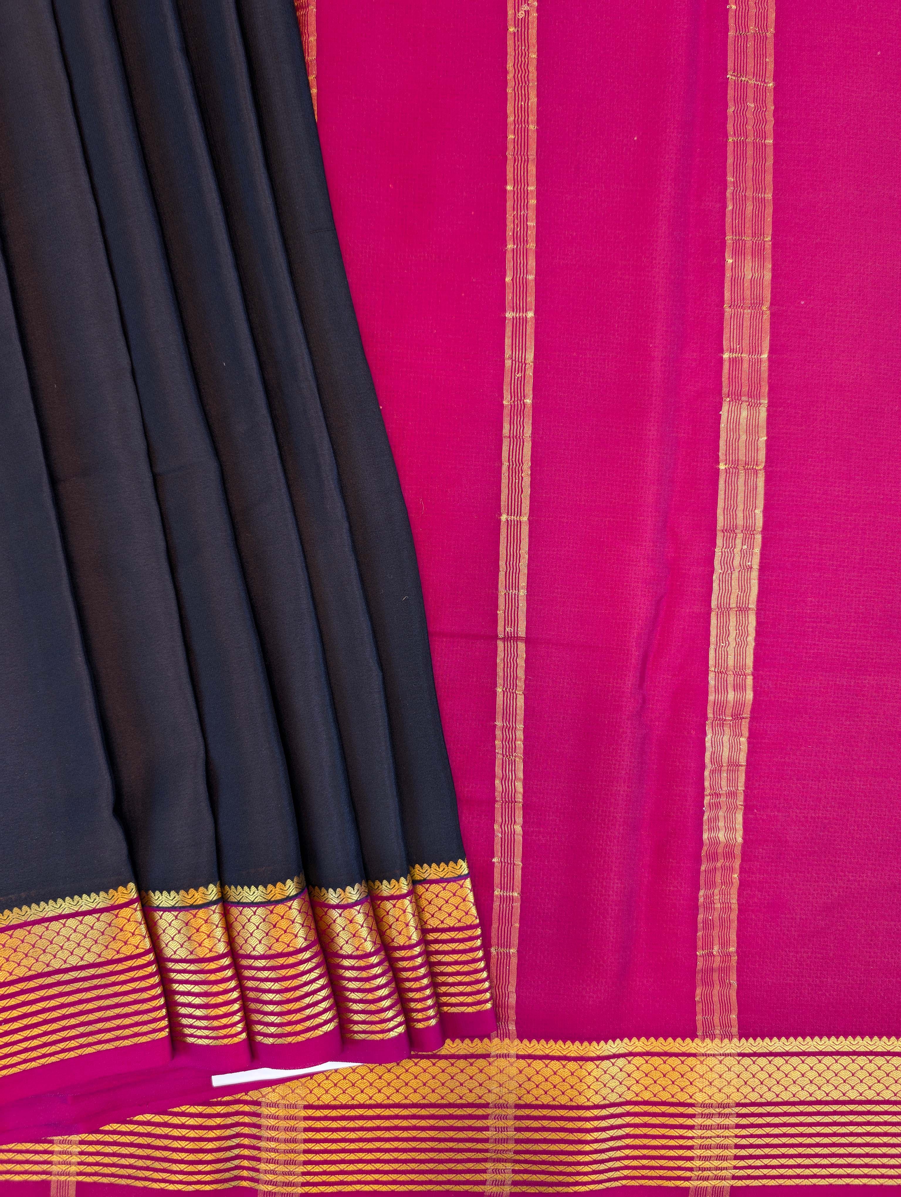 Pure Mysore Silk Crepe - Black with Dark Pink