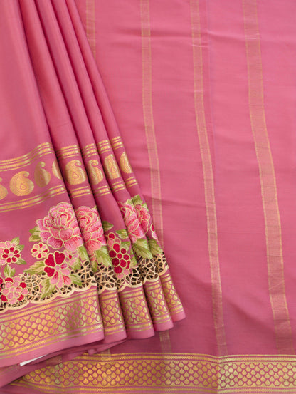 Pure Mysore Silk Crepe - Peach Floral Embroidery with Cut Work