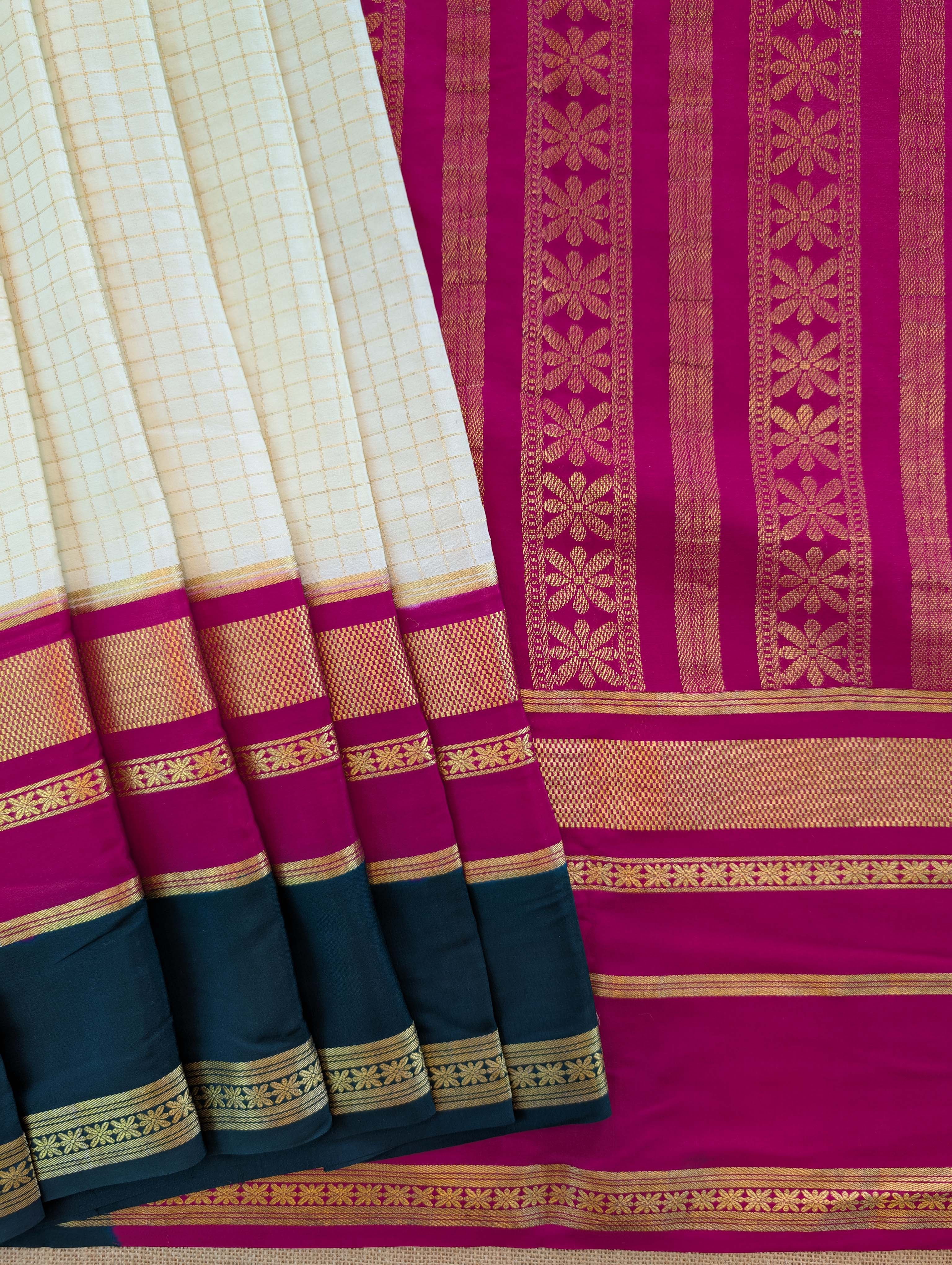 Pure Mysore Silk Crepe - White with Pink &amp; Green 3D Pattern