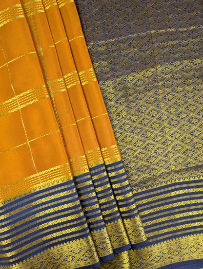 Pure Mysore Silk Crepe - Yellowish Orange with Blue