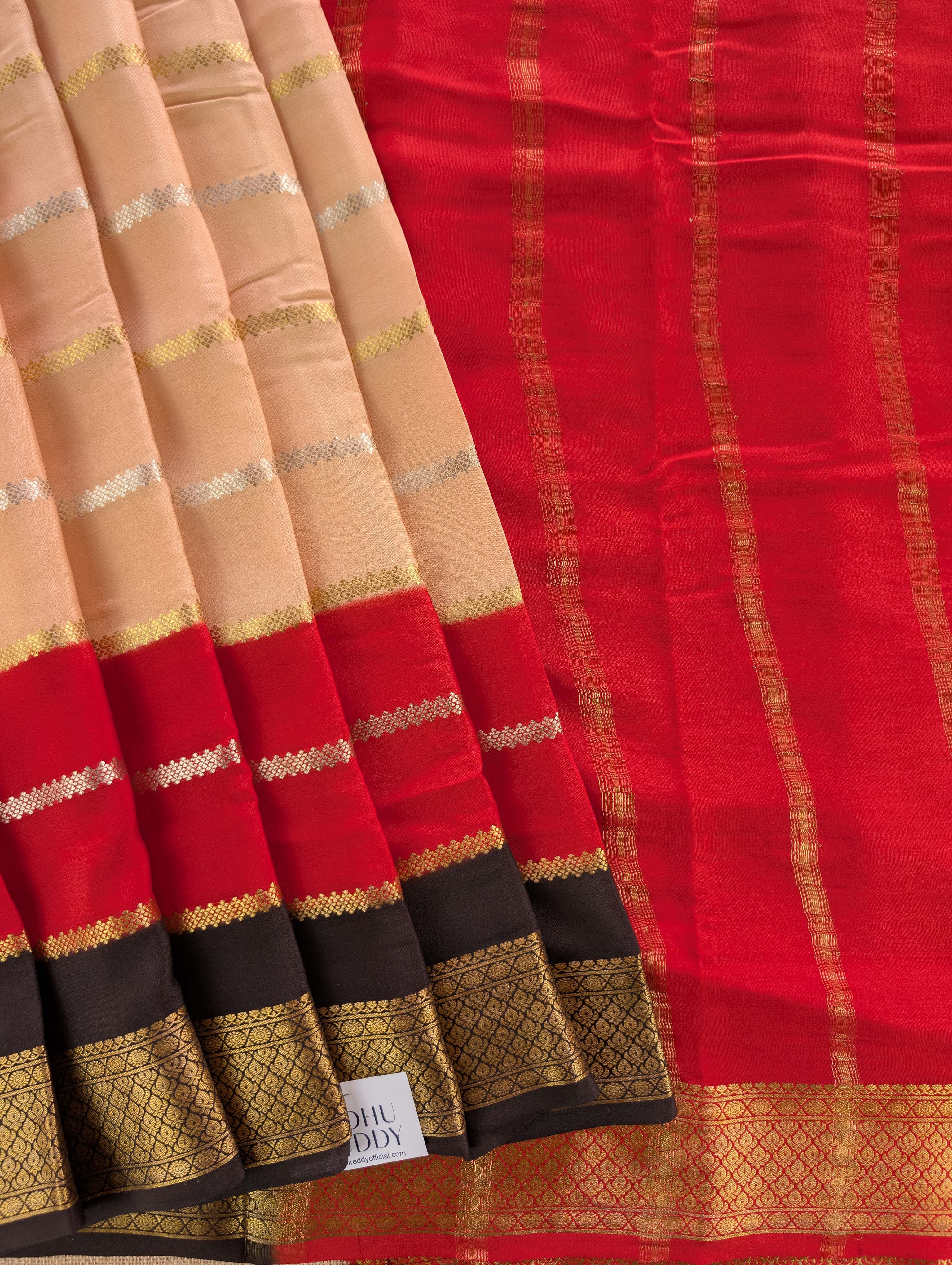 Pure Mysore Silk Crepe - Light Brown with Red &amp; Black 3D Pattern