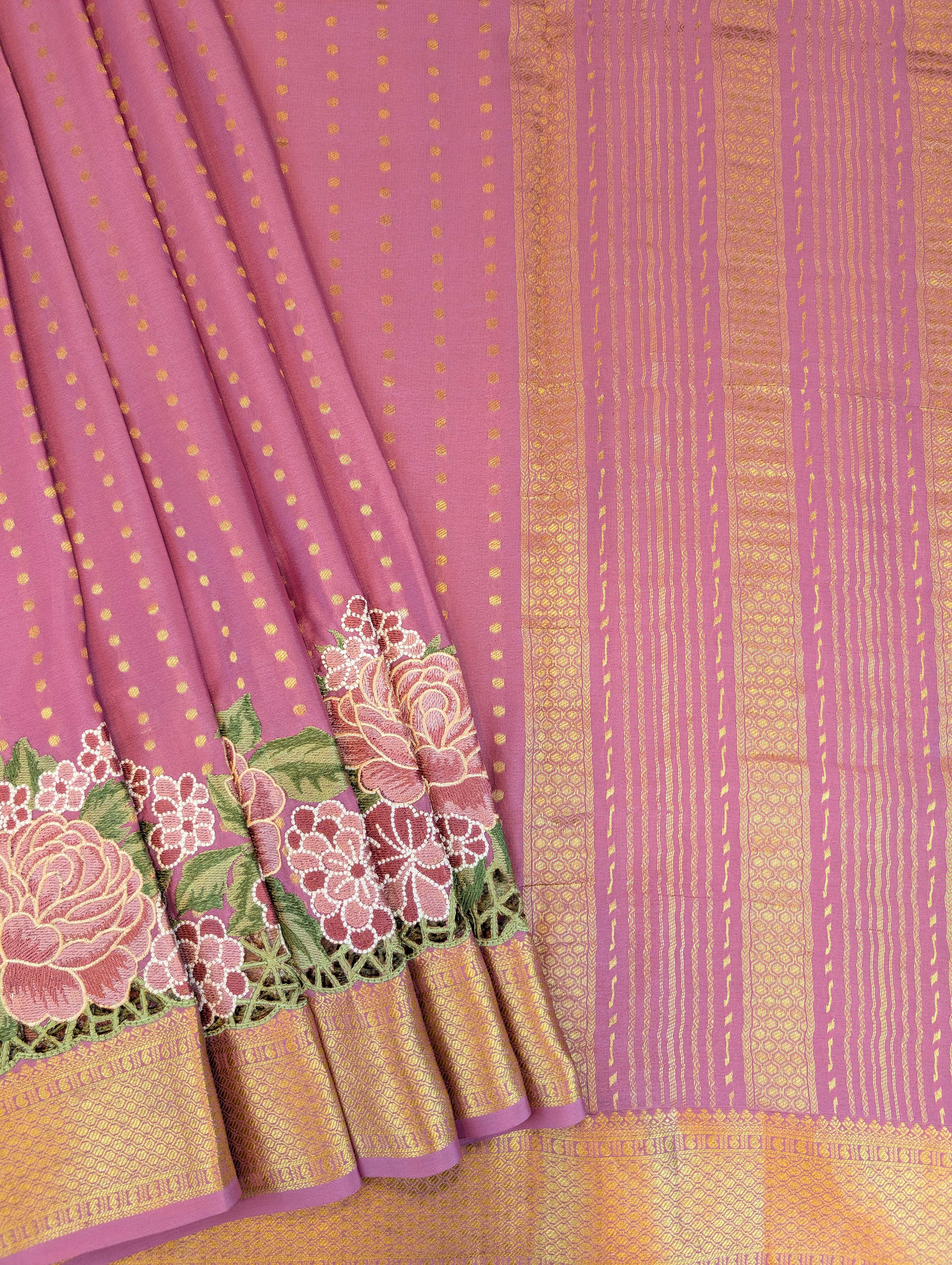 Pure Mysore Silk Crepe - Peach Hand Embroidery with Cut Work