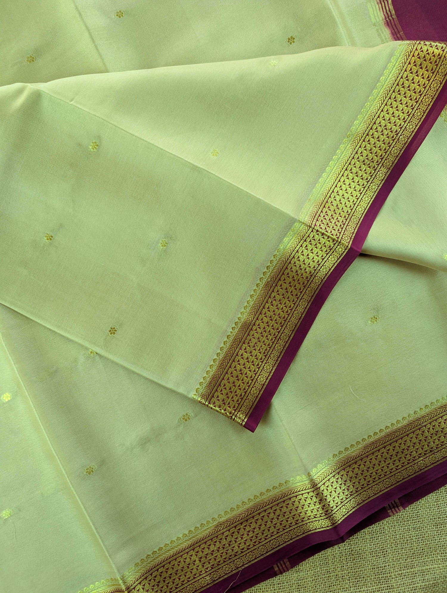 Pure Mysore Silk Crepe - Pista Green with Purple